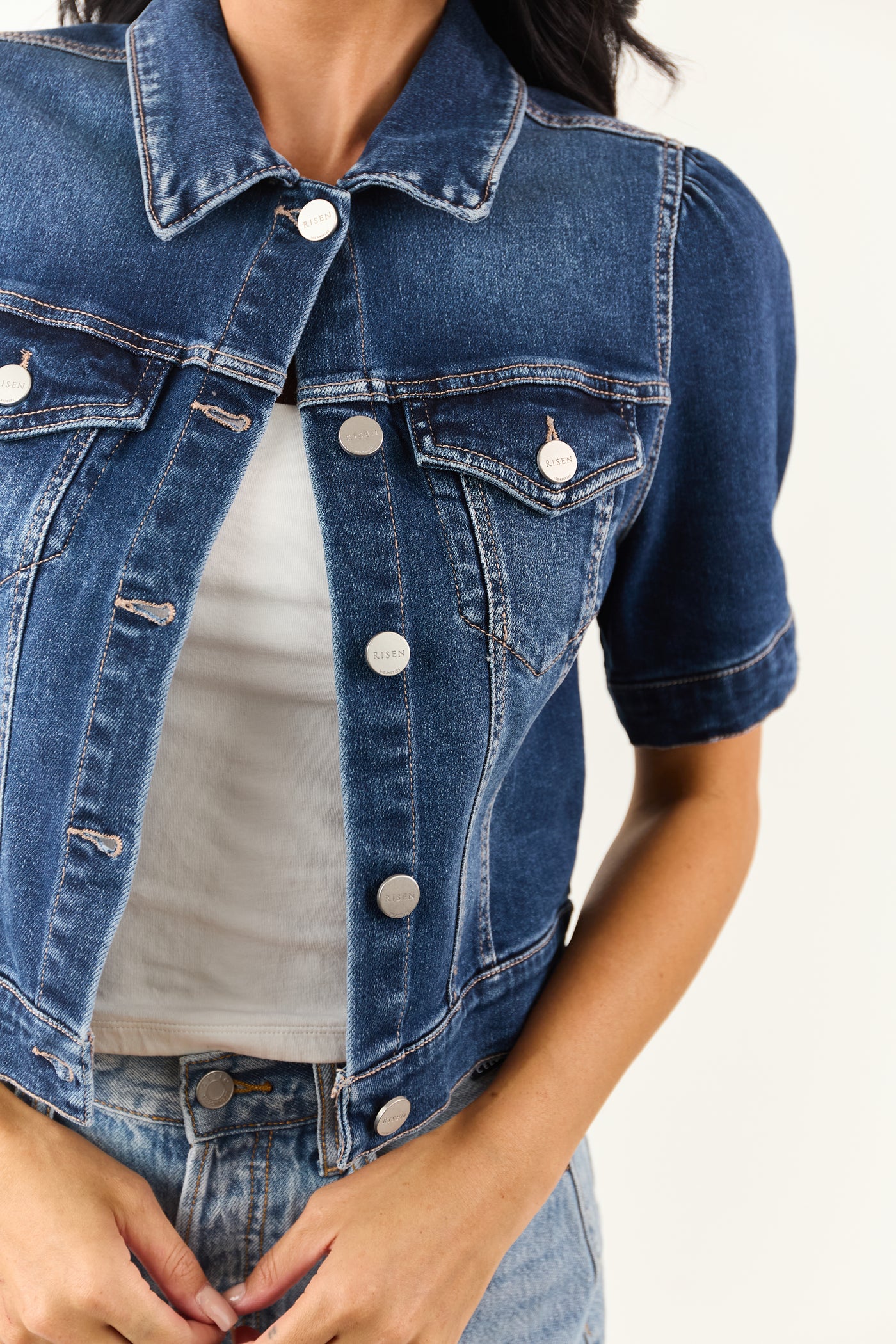 Risen Dark Wash Short Puff Sleeve Cropped Denim Jacket