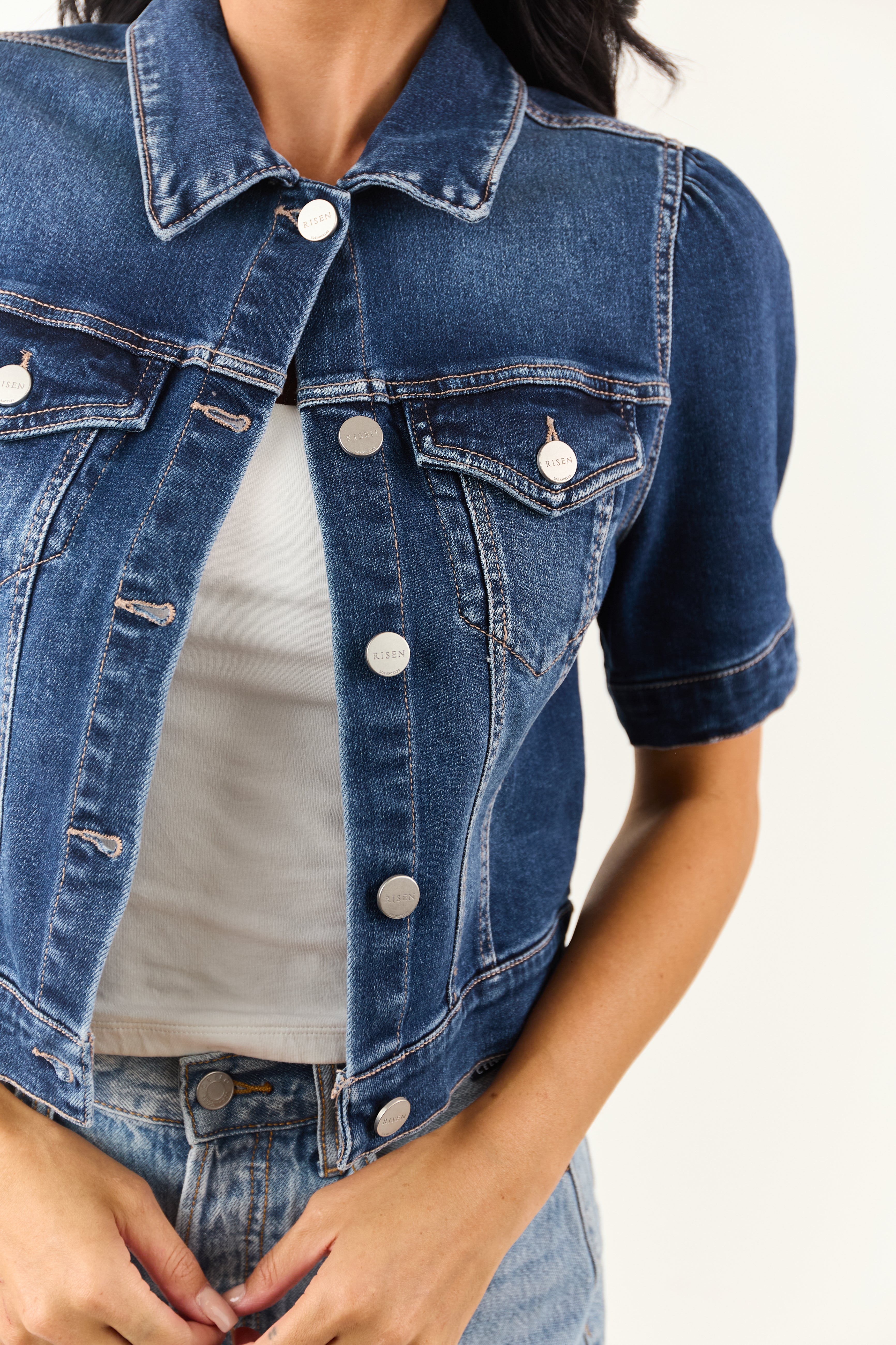 Risen Dark Wash Short Puff Sleeve Cropped Denim Jacket