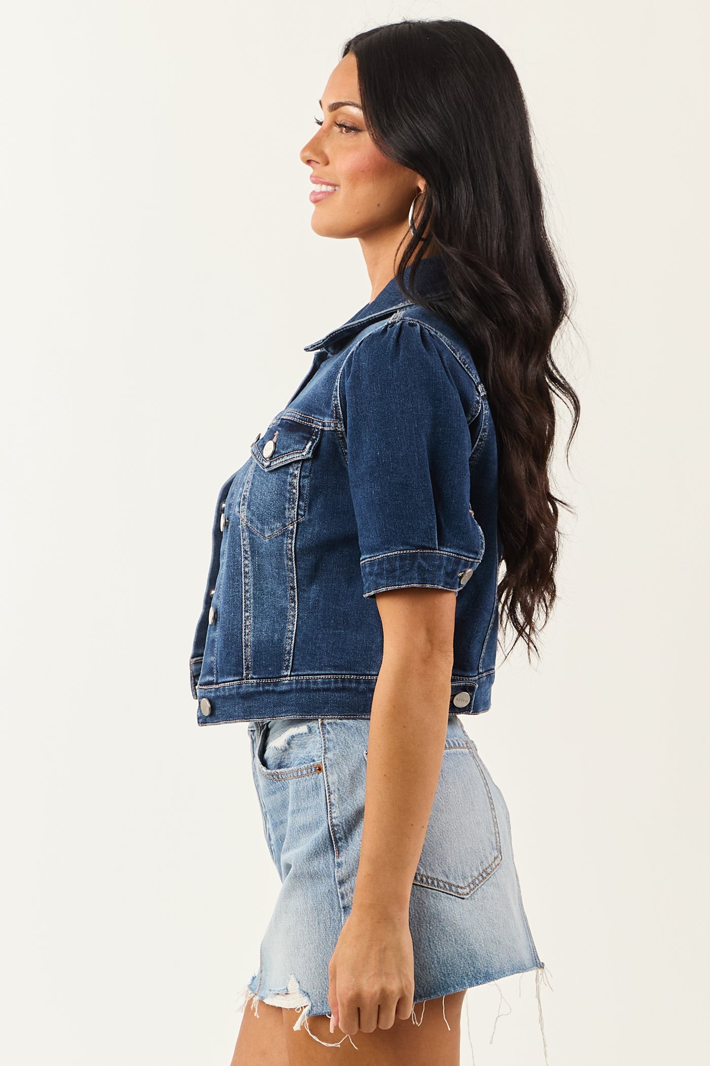Risen Dark Wash Short Puff Sleeve Cropped Denim Jacket