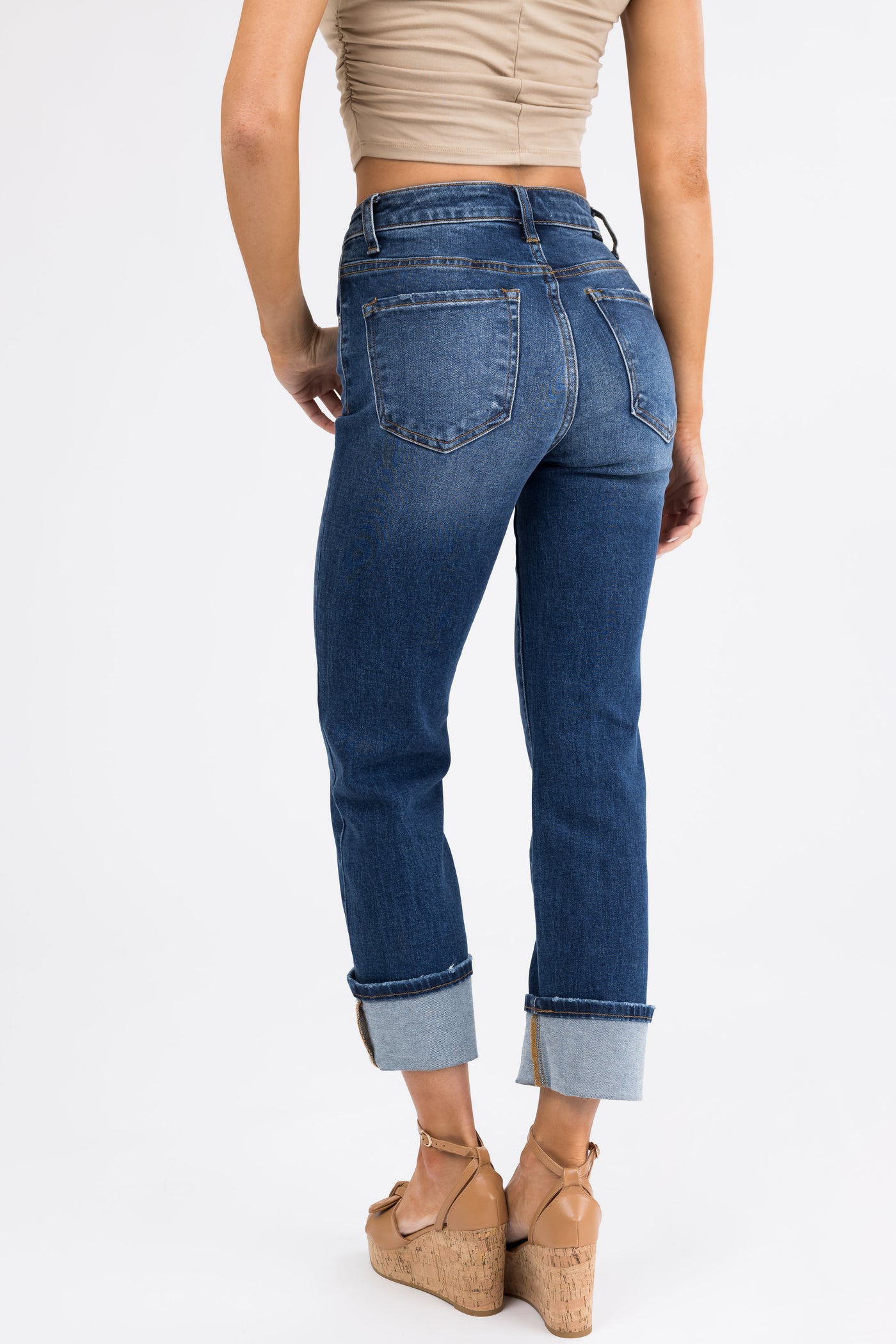 Risen Dark Wash Straight Leg Cuffed Jeans Lime Lush