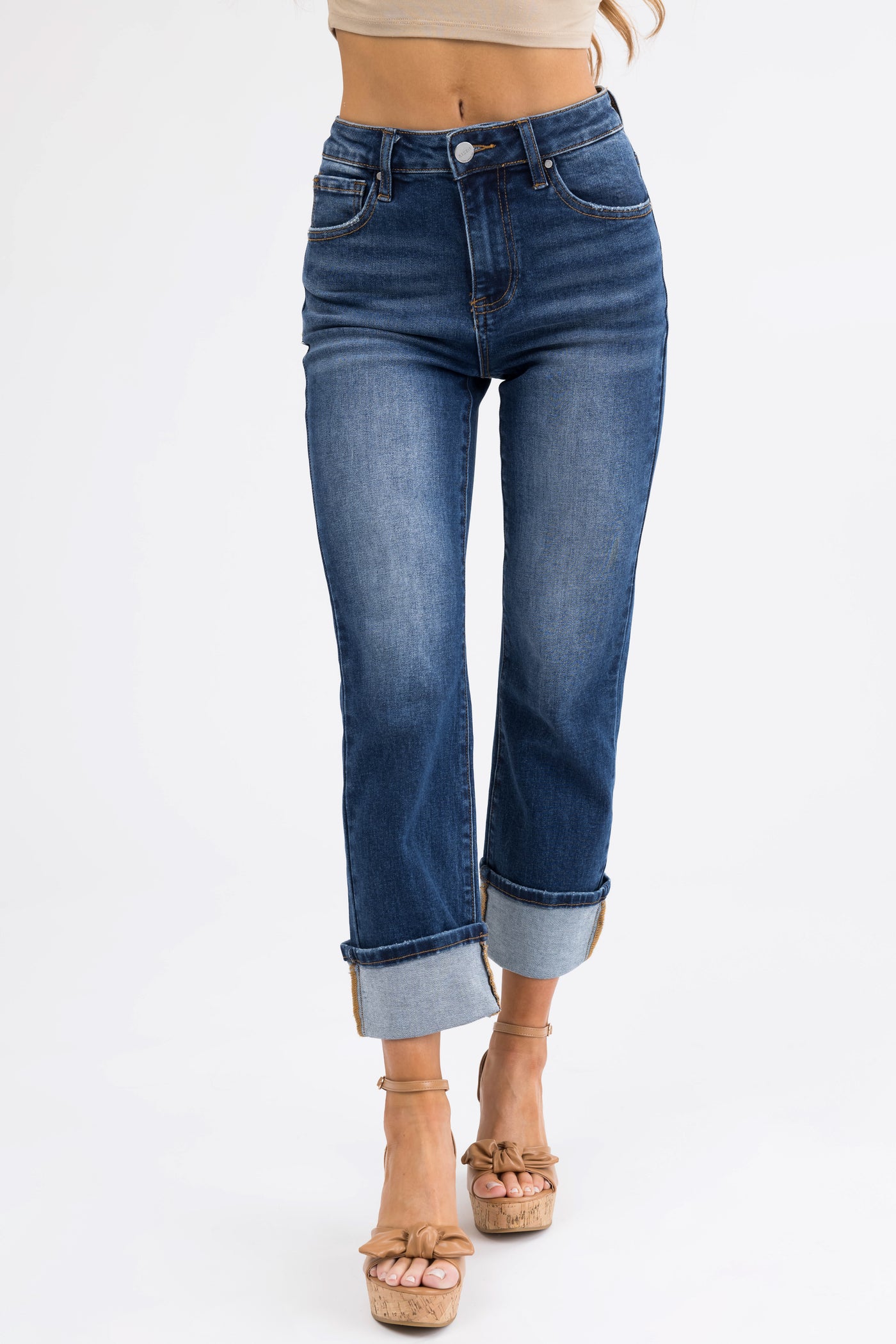 Risen Dark Wash Straight Leg Cuffed Jeans