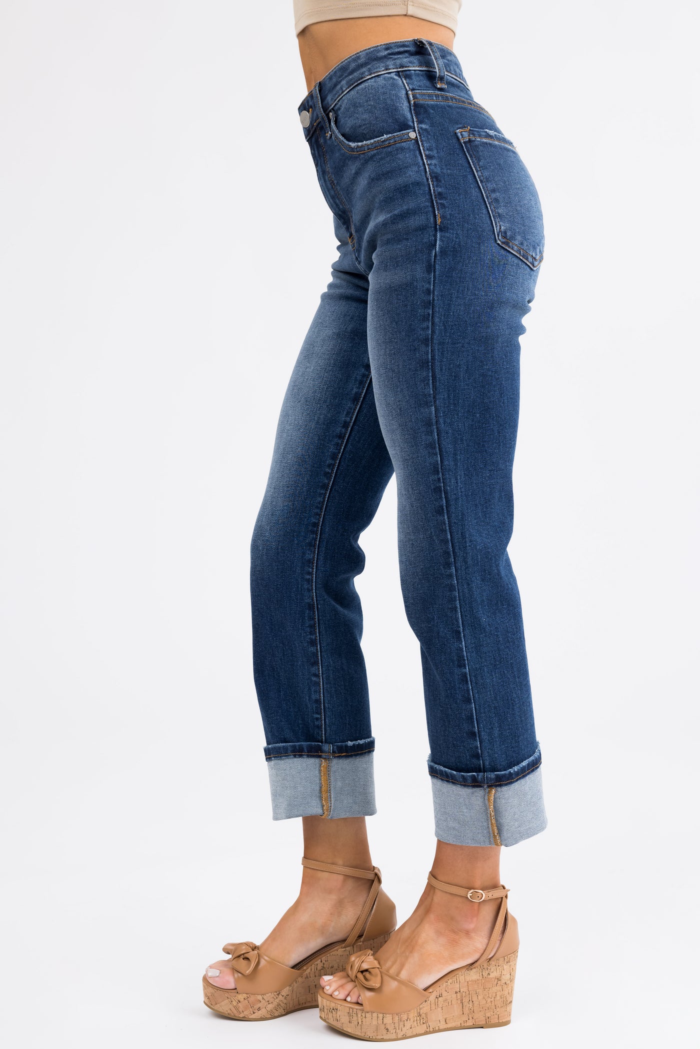 Risen Dark Wash Straight Leg Cuffed Jeans Lime Lush