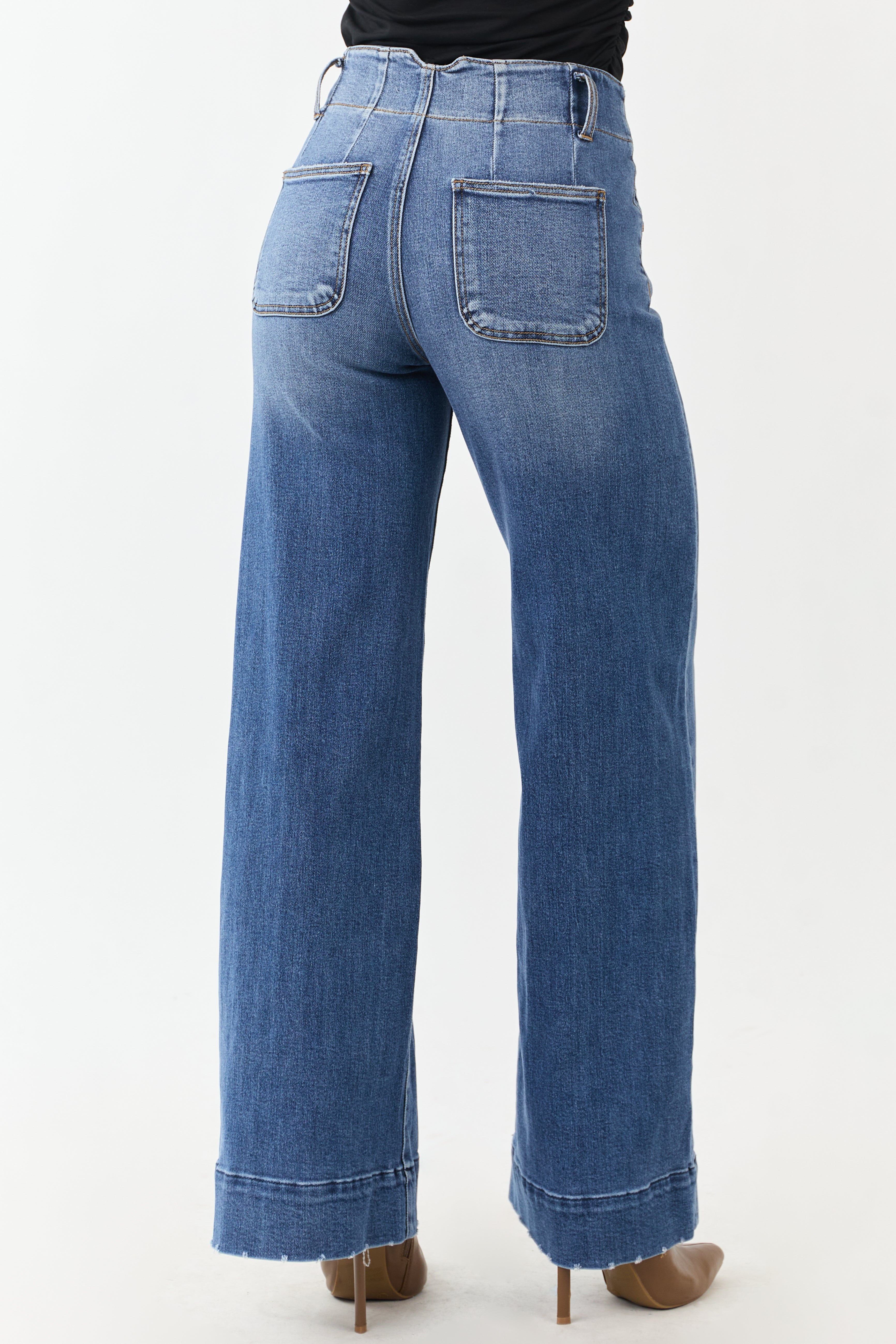 Risen Dark Wash Waist Seam Wide Leg Stretchy Jeans