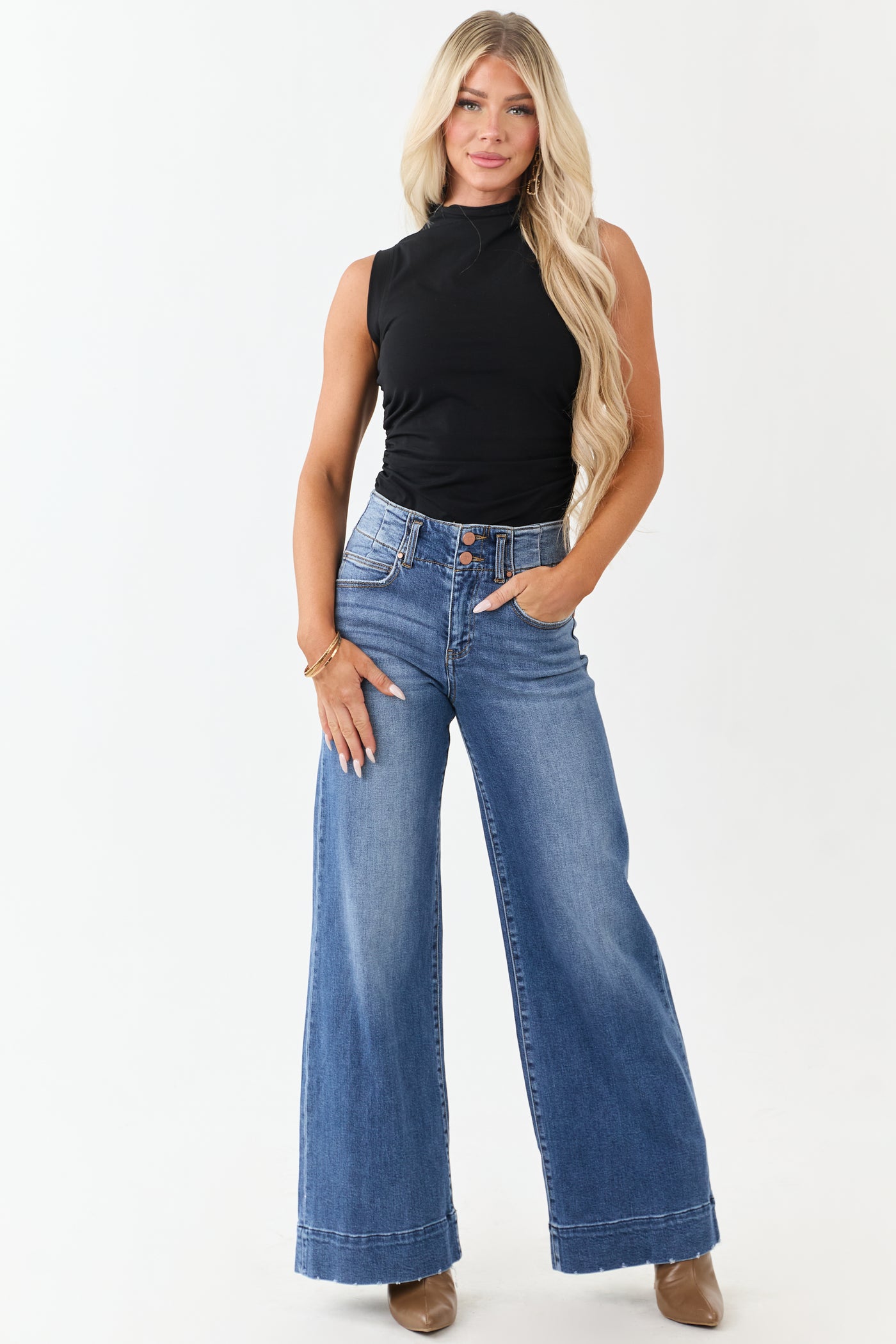 Risen Dark Wash Waist Seam Wide Leg Stretchy Jeans