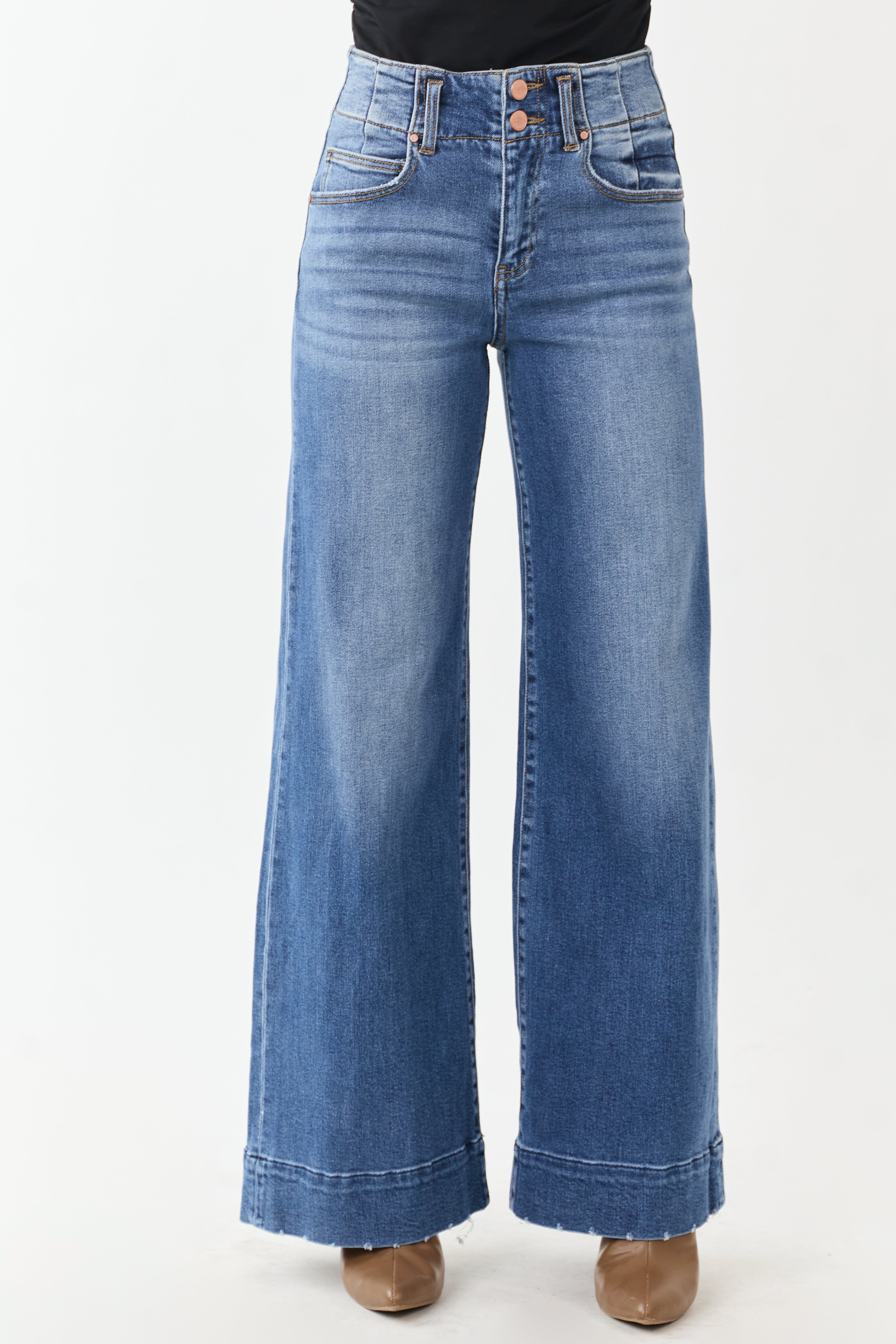 Risen Dark Wash Waist Seam Wide Leg Stretchy Jeans