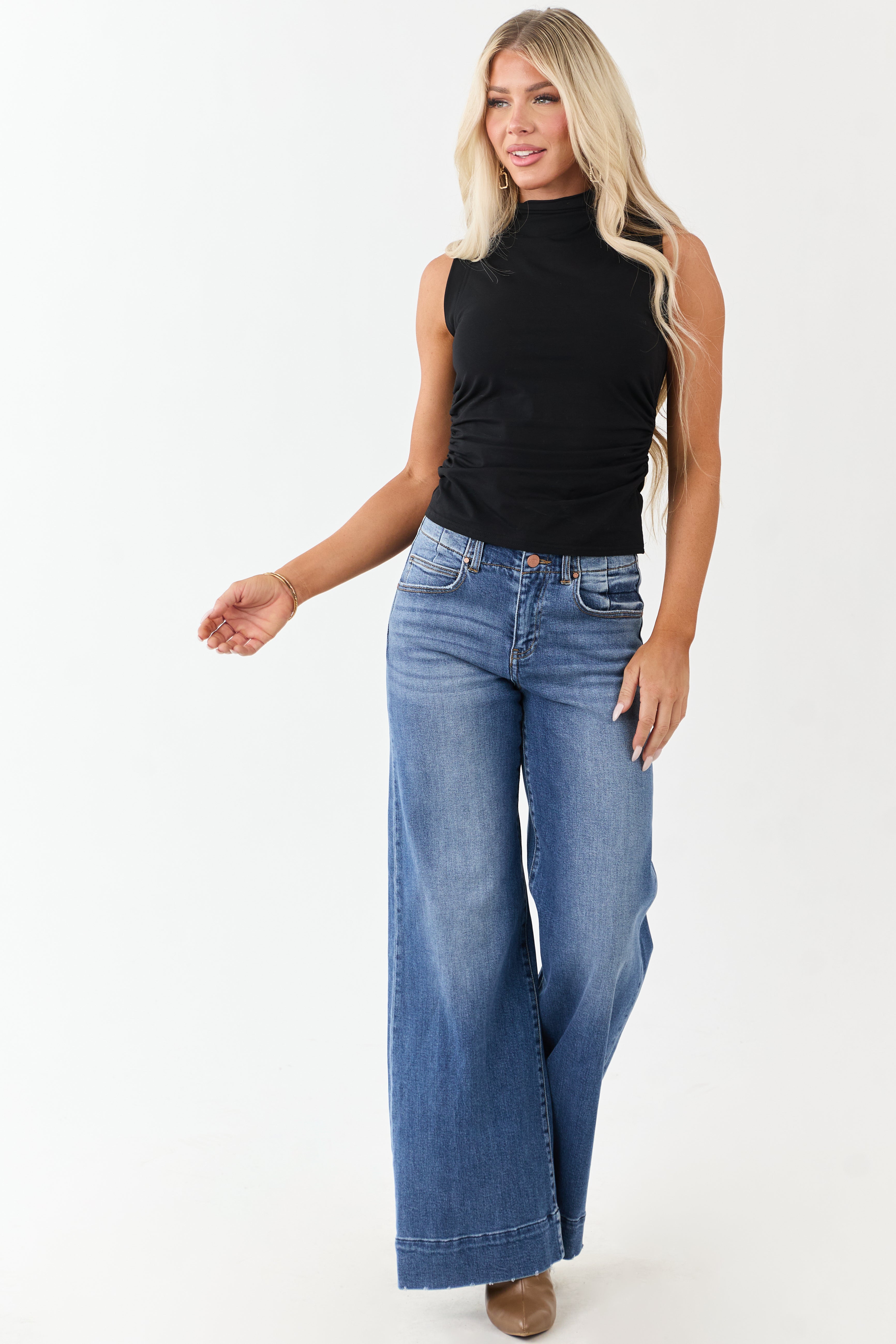 Risen Dark Wash Waist Seam Wide Leg Stretchy Jeans