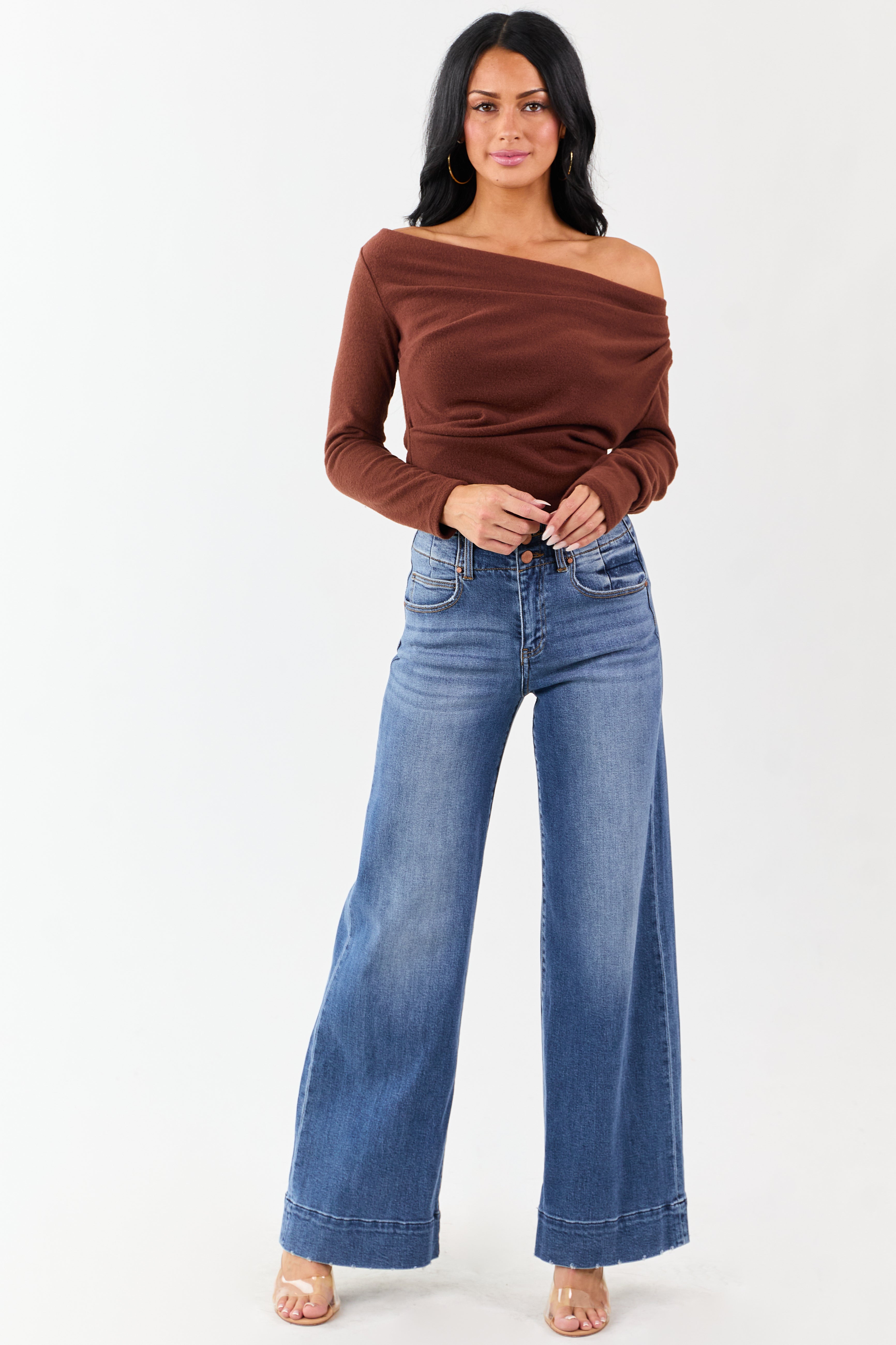 Risen Dark Wash Waist Seam Wide Leg Stretchy Jeans