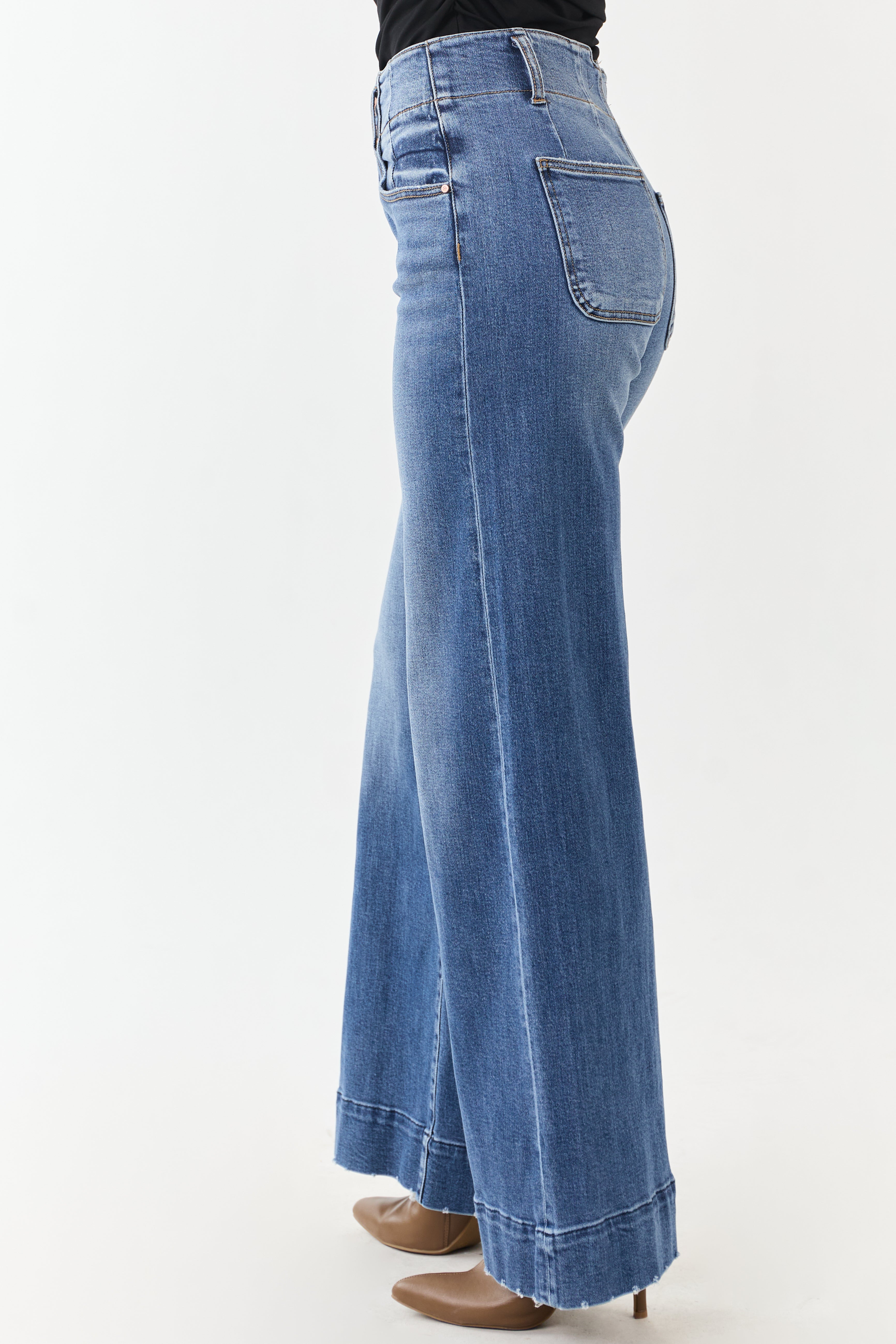 Risen Dark Wash Waist Seam Wide Leg Stretchy Jeans