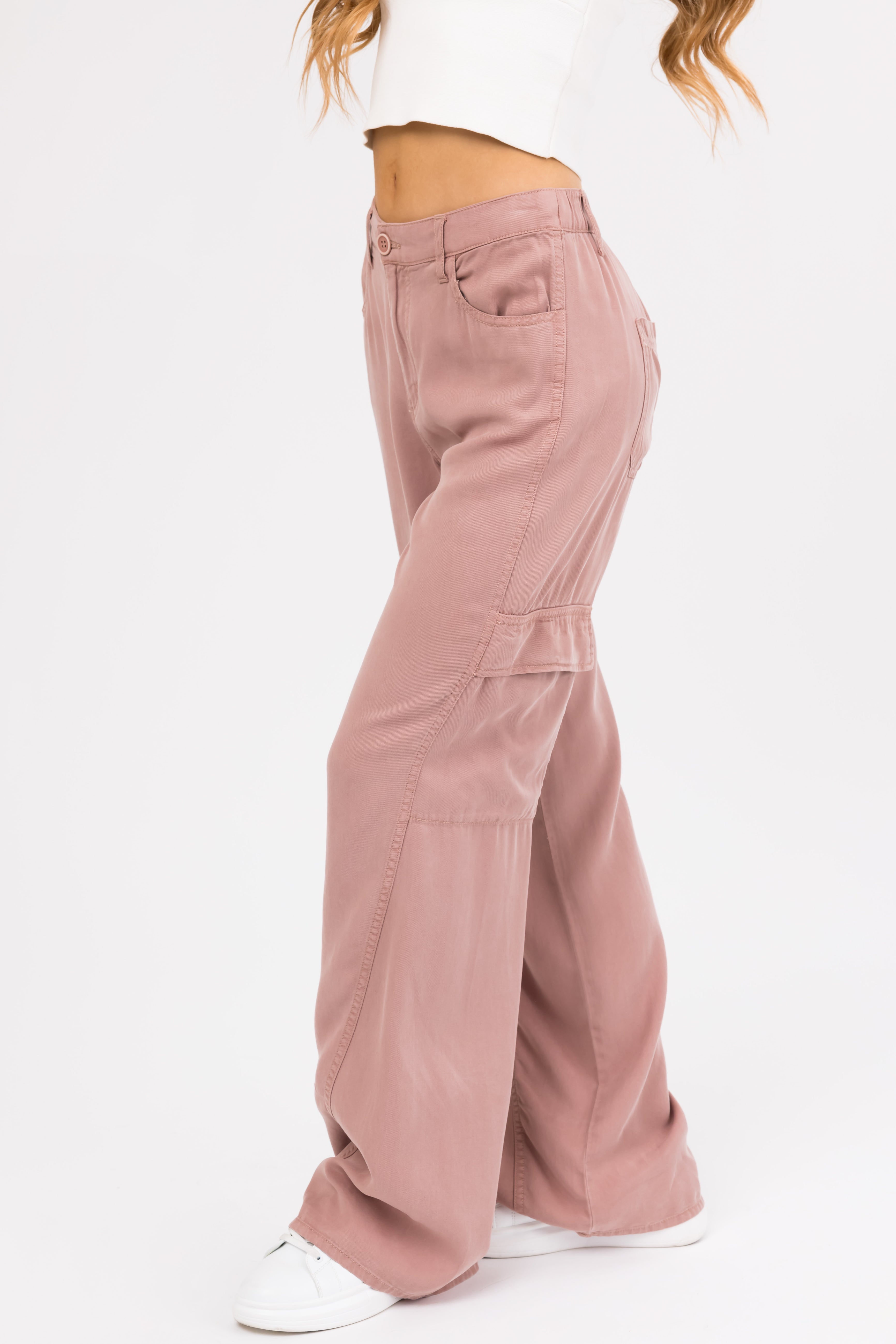 Risen Dusty Rose High Rise Tencel Cargo Pants | Lime Lush Boutique