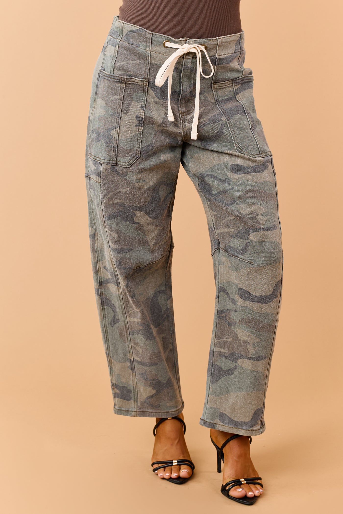Risen Faded Olive Camo Drawstring Barrel Jeans