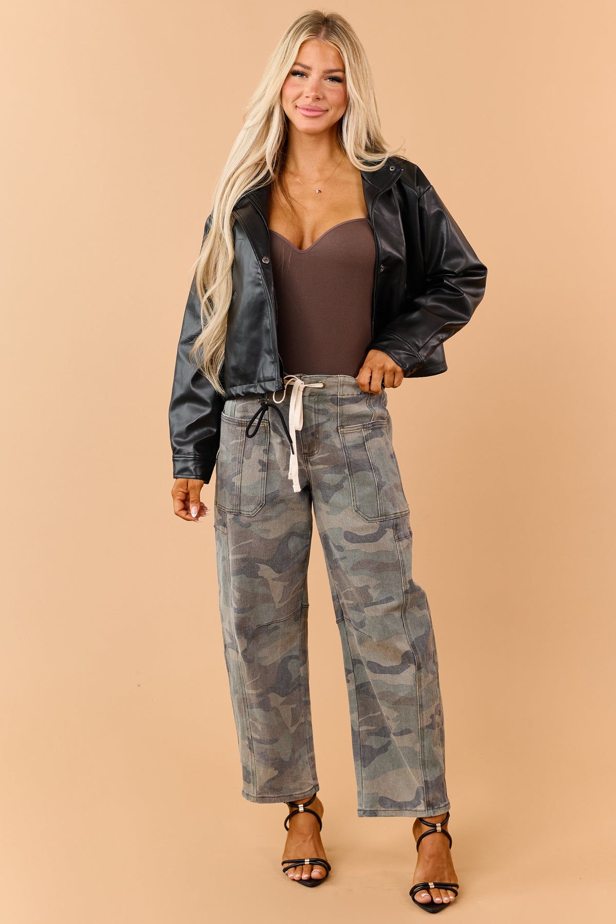 Risen Faded Olive Camo Drawstring Barrel Jeans