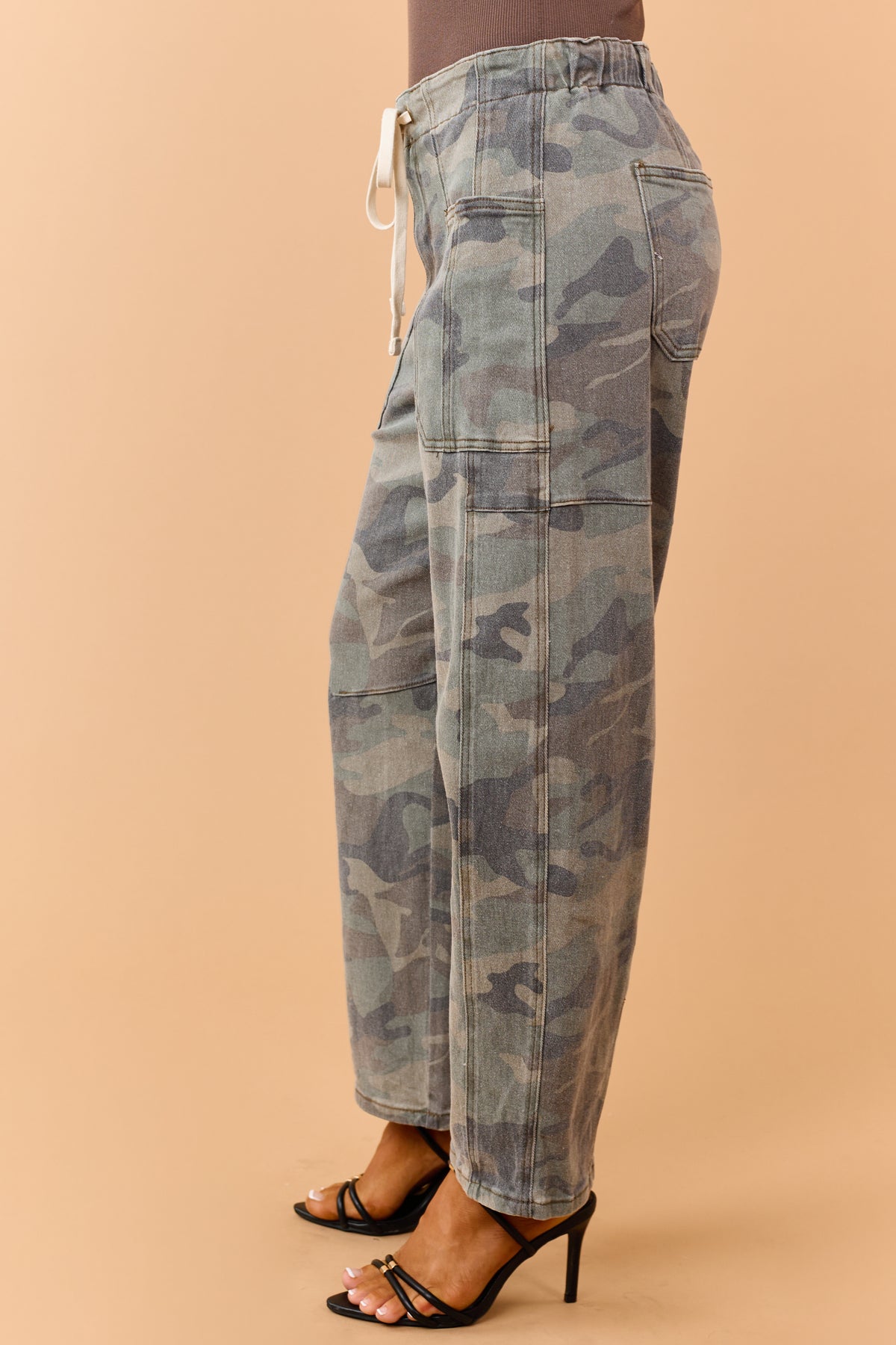 Risen Faded Olive Camo Drawstring Barrel Jeans