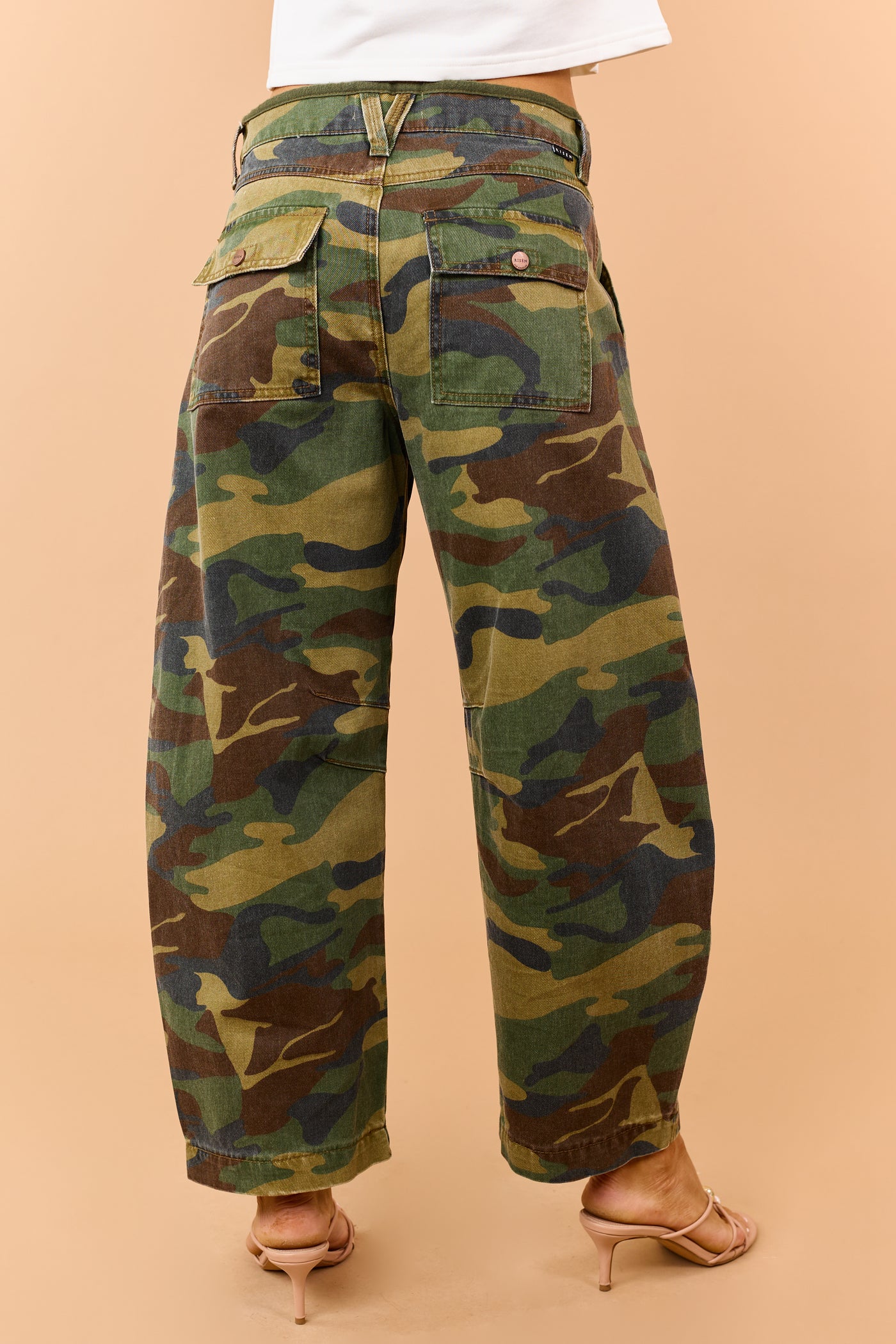 Risen Hunter Green Camo High Rise Barrel Jeans