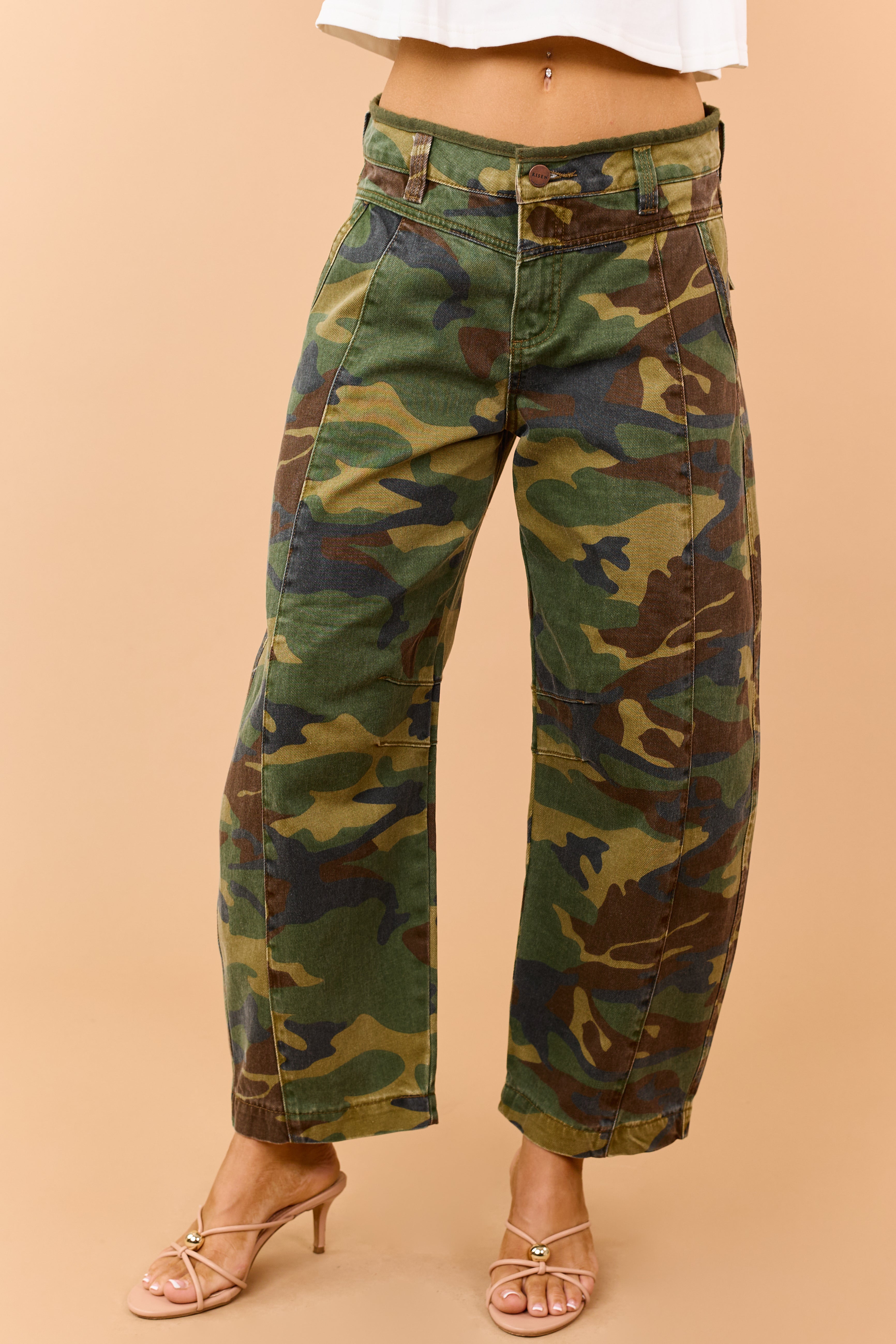 Risen Hunter Green Camo High Rise Barrel Jeans