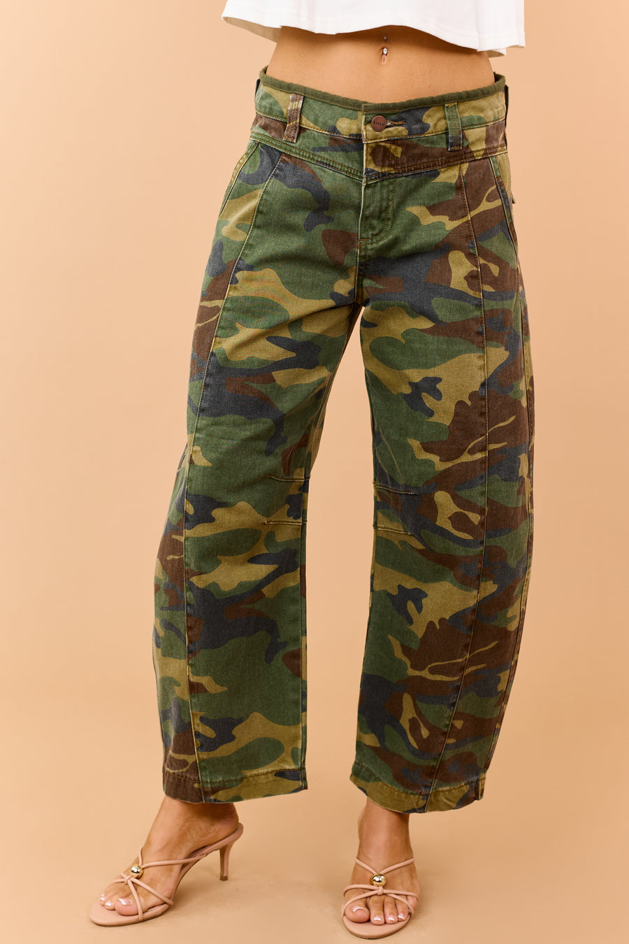 Risen Hunter Green Camo High Rise Barrel Jeans