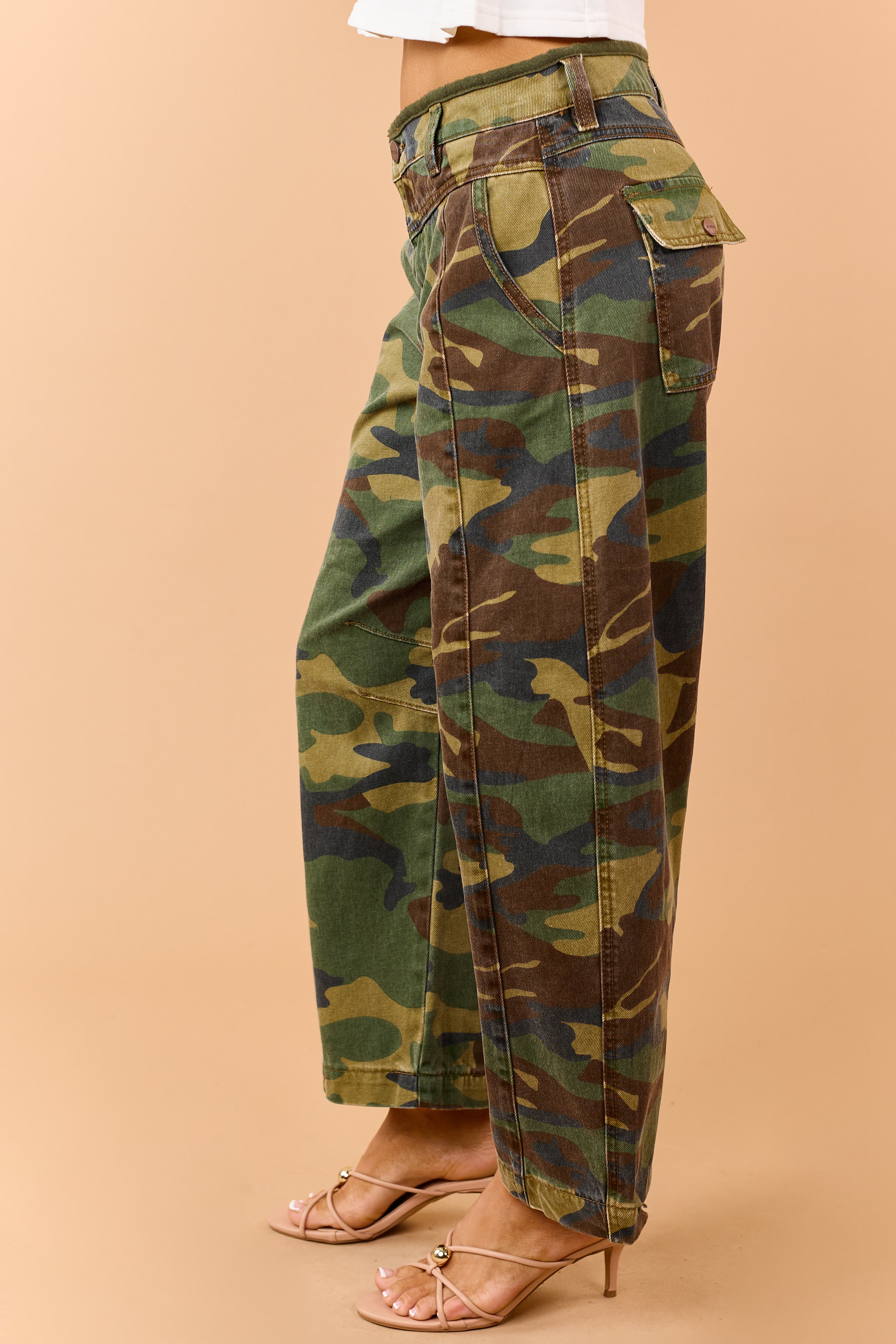 Risen Hunter Green Camo High Rise Barrel Jeans