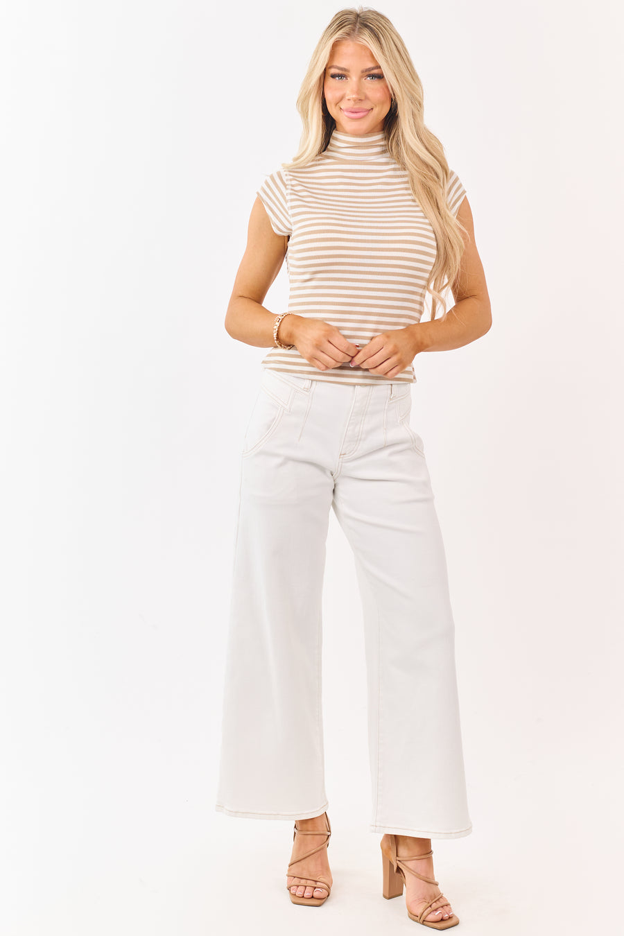 Risen Ivory Contrast Stitch Stretchy Wide Leg Jeans