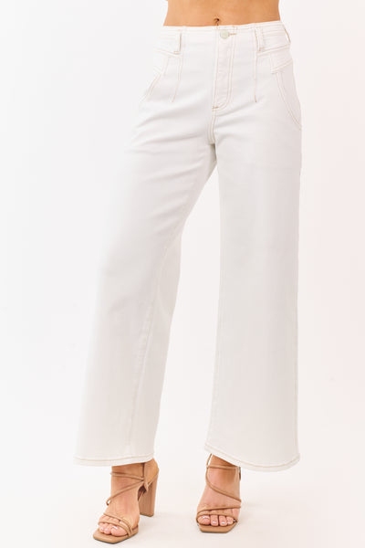 Risen Ivory Contrast Stitch Stretchy Wide Leg Jeans