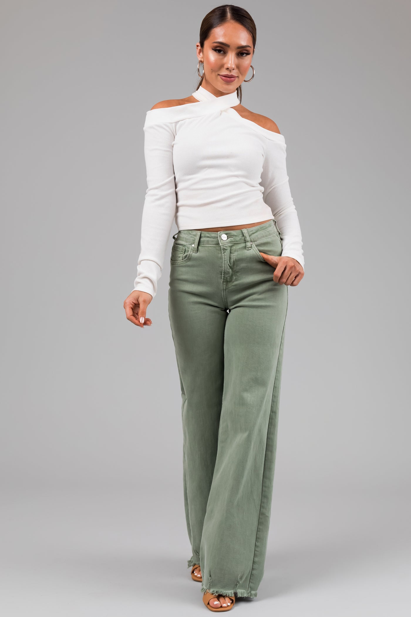 Risen Ivy Sage Wide Leg Distressed Hem Jeans