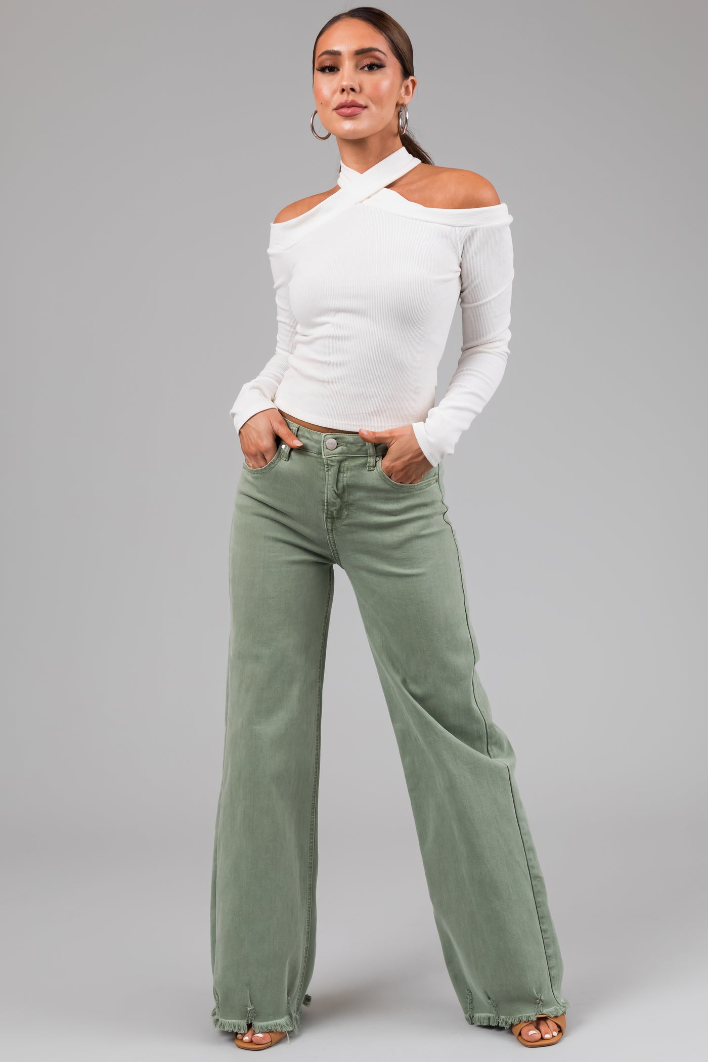 Risen Ivy Sage Wide Leg Distressed Hem Jeans