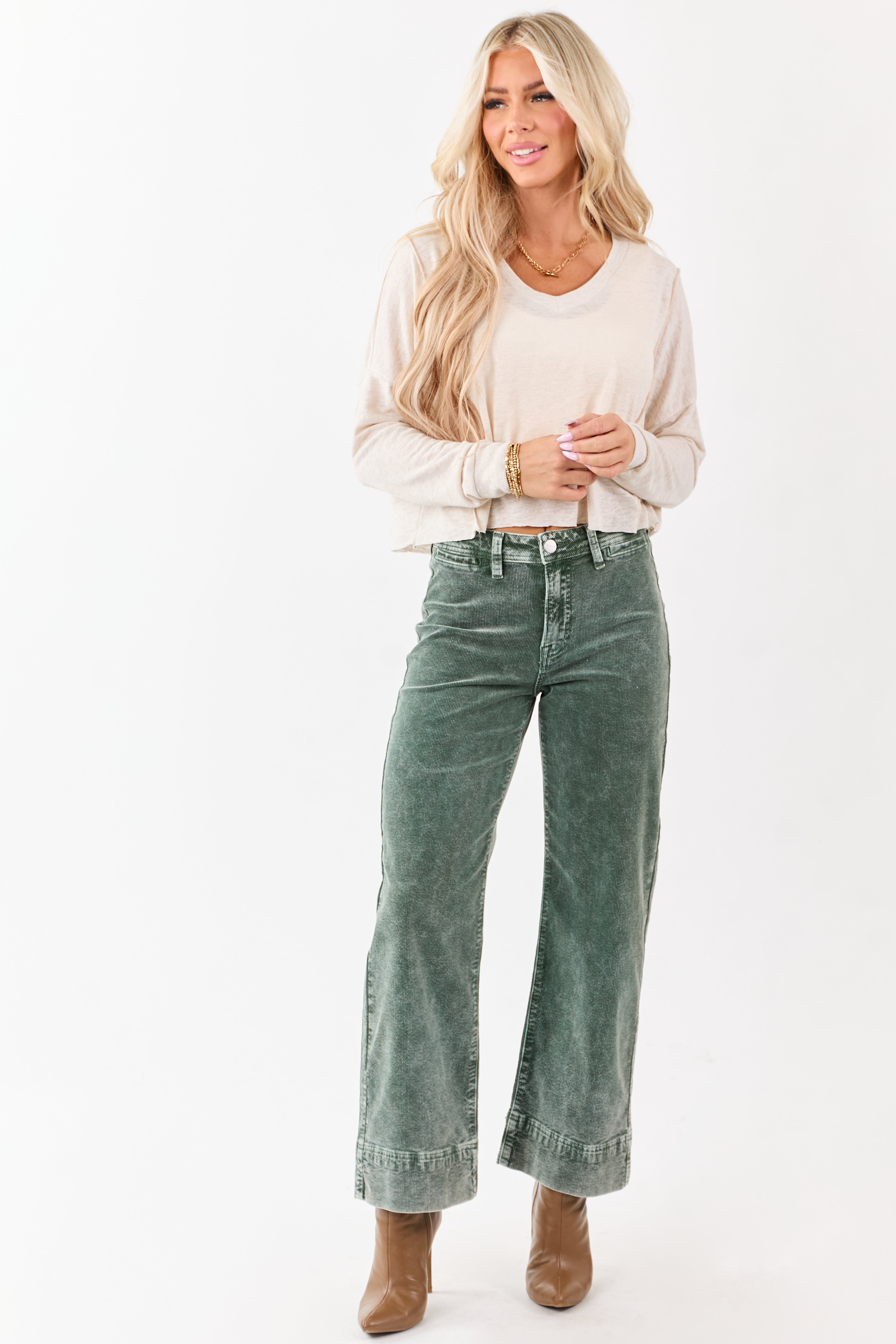 Risen Juniper Mineral Washed Corduroy Relaxed Pants | Lime Lush