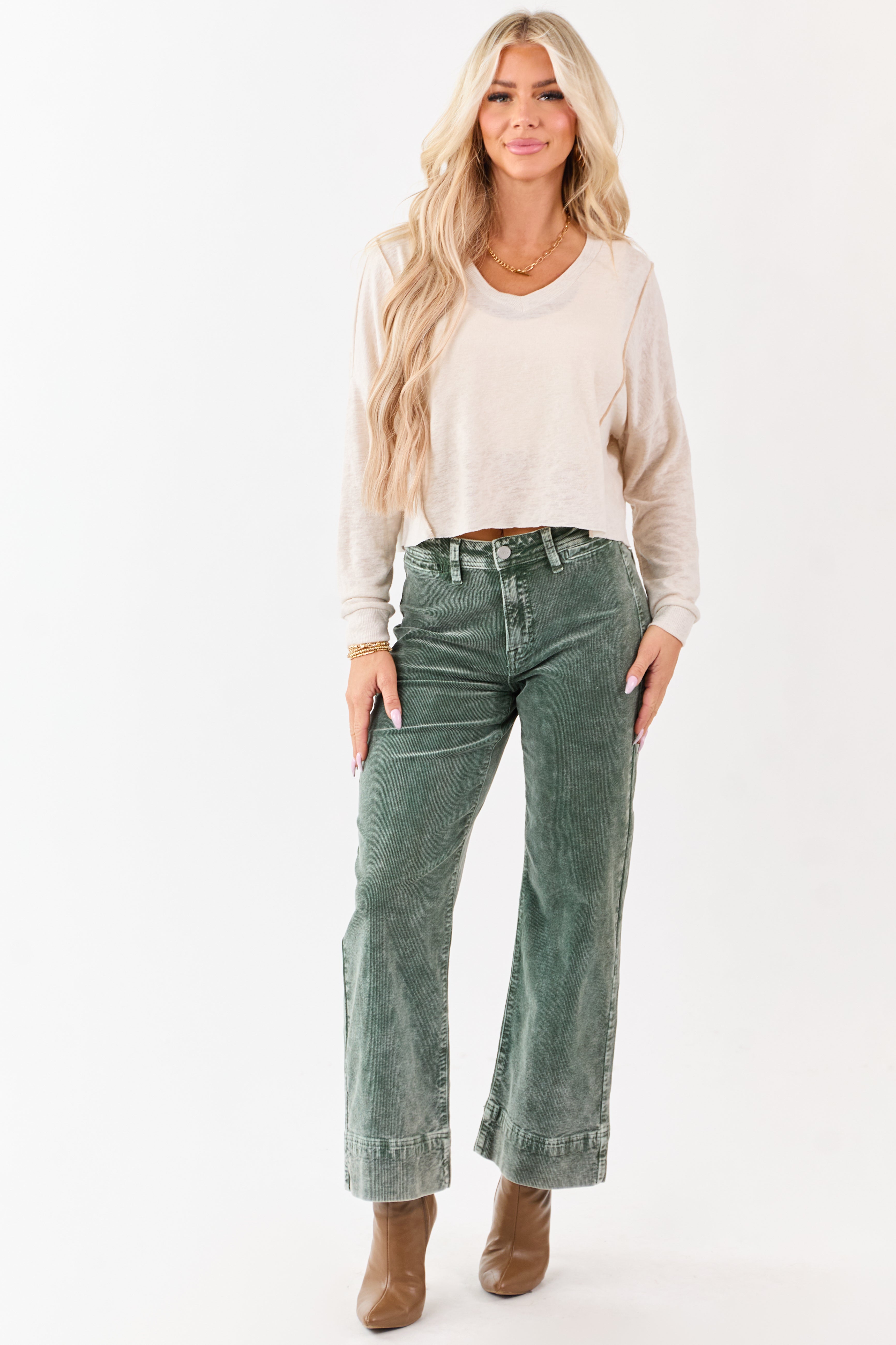 Risen Juniper Mineral Washed Corduroy Relaxed Pants | Lime Lush