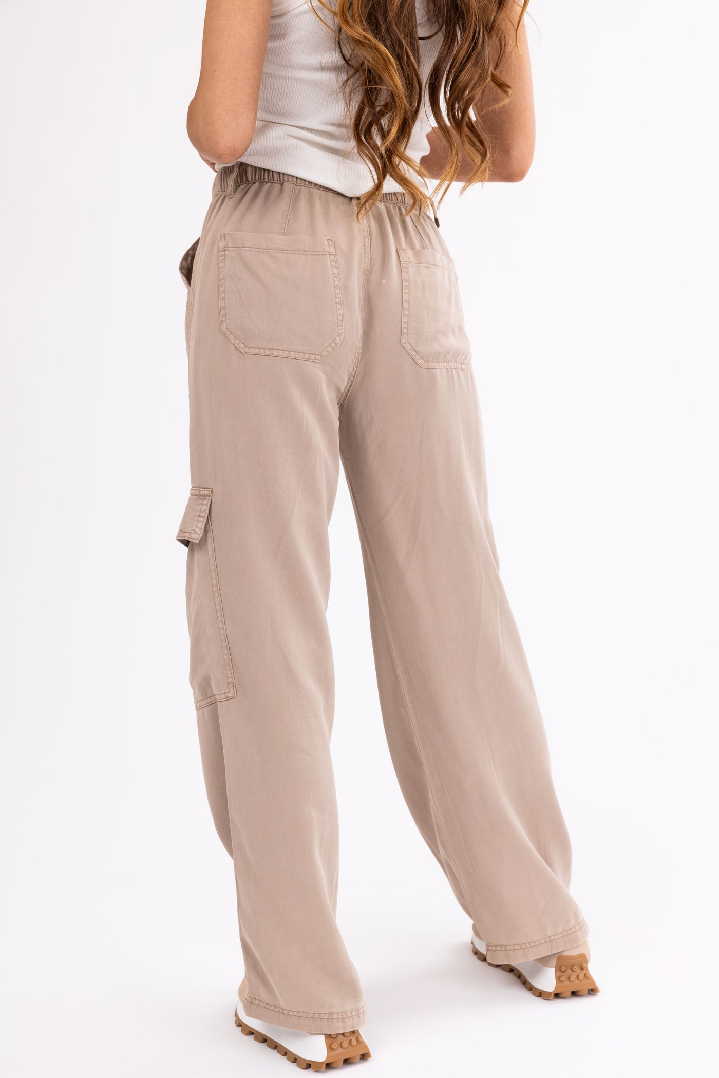 Risen Latte Wide Leg Tencel Cargo Pants