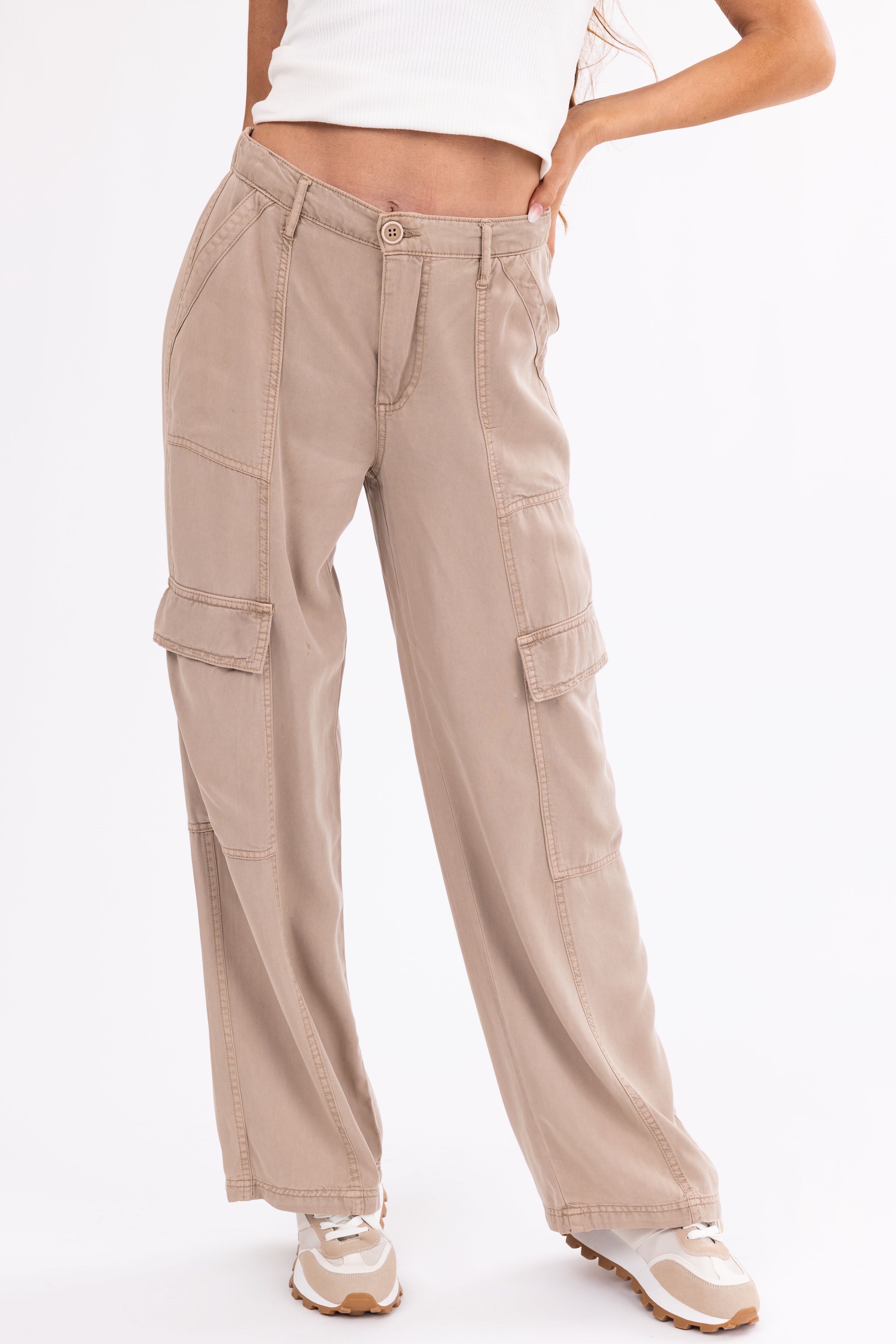 Risen Latte Wide Leg Tencel Cargo Pants | Lime Lush Boutique