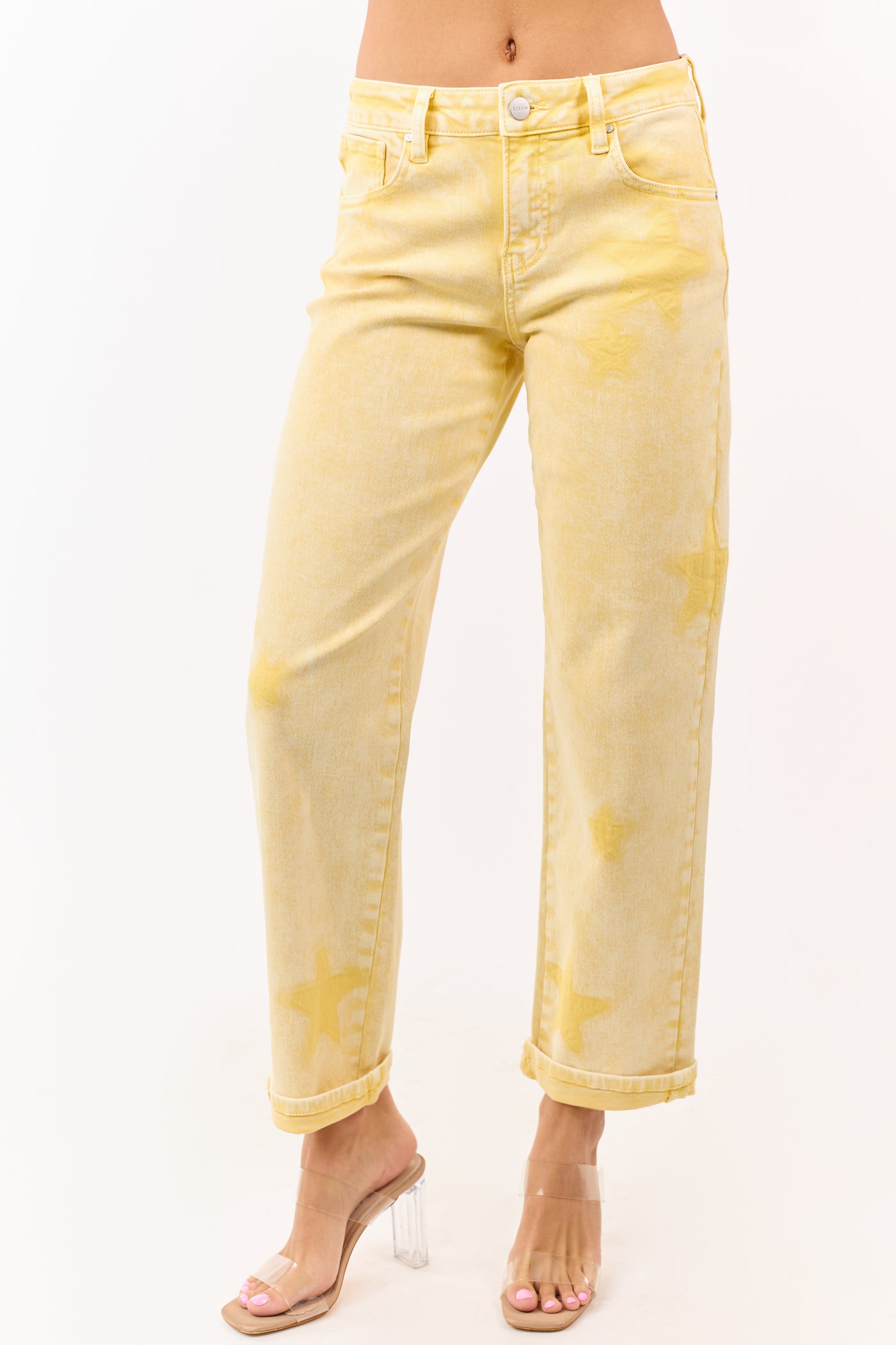 Risen Lemon Washed Star Stretchy Straight Jeans