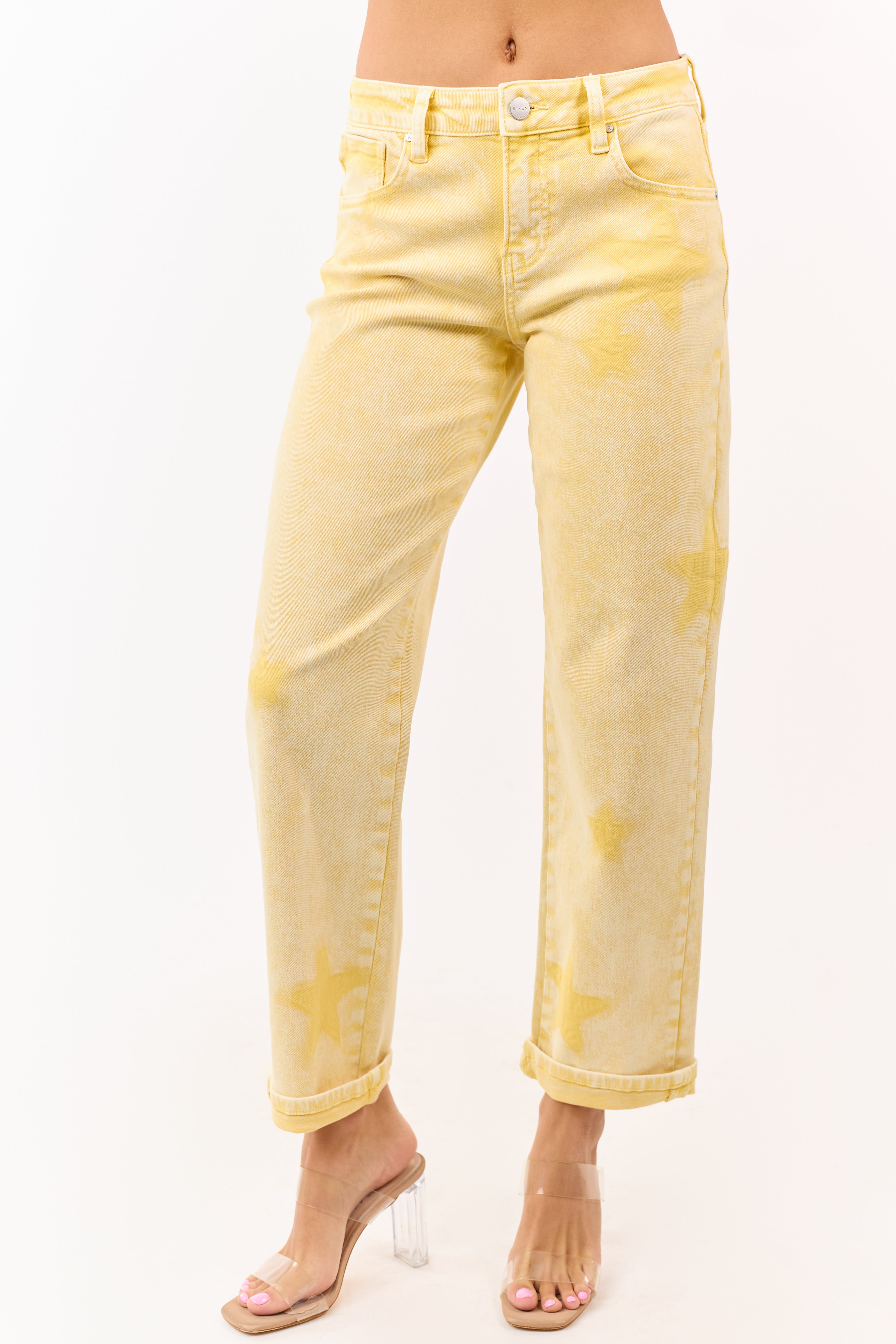 Risen Lemon Washed Star Stretchy Straight Jeans