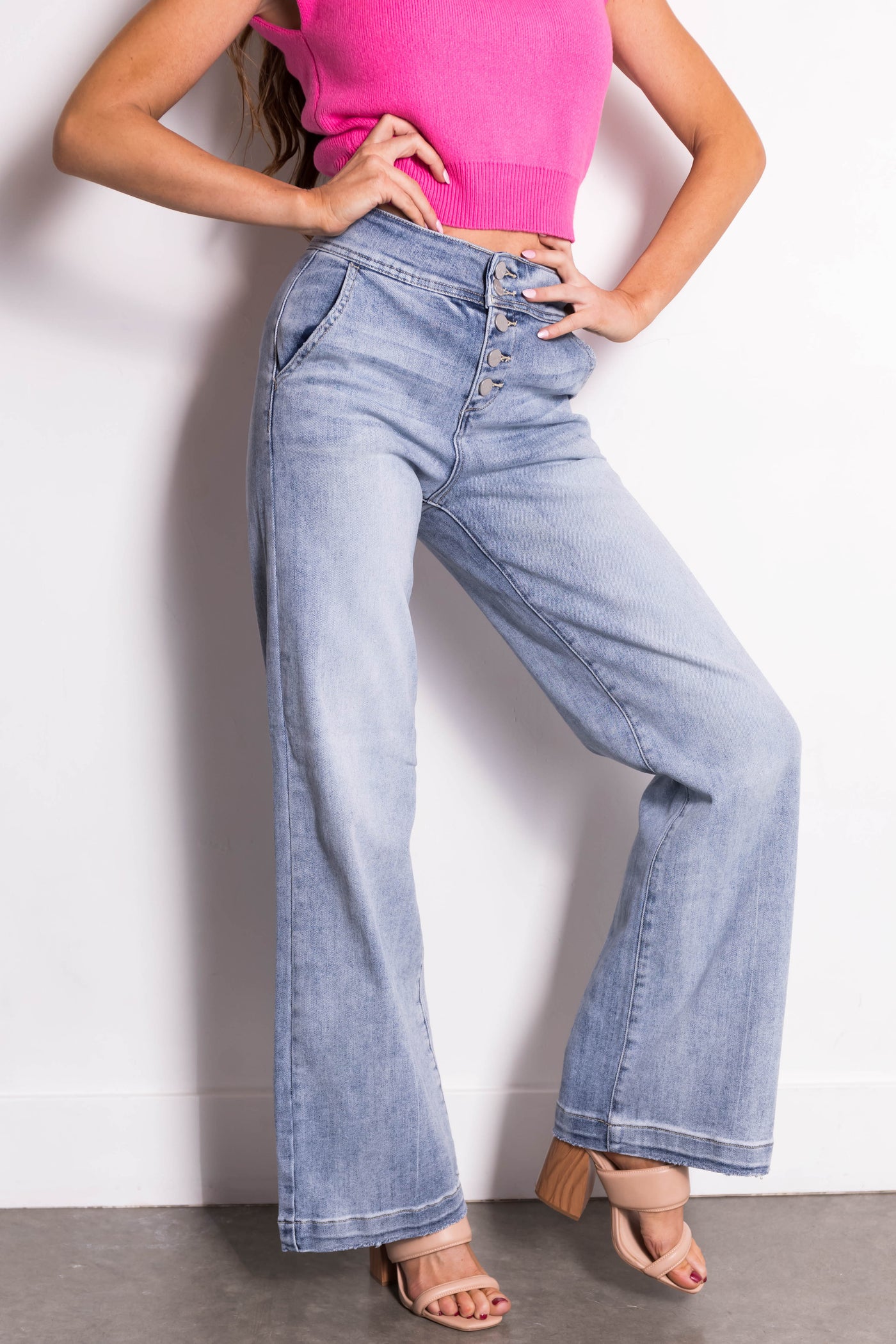 Risen Light High Rise Button Fly Wide Leg Jeans