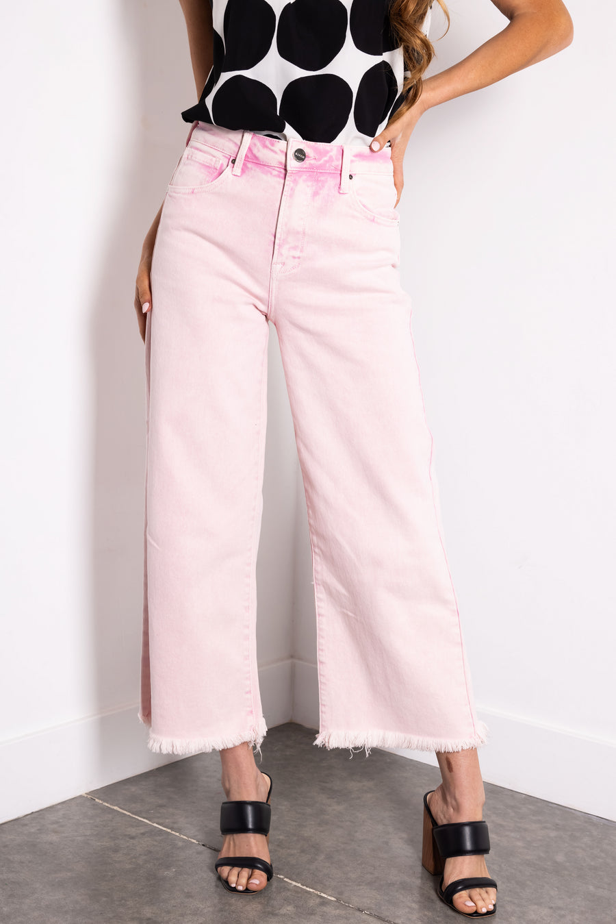 Risen Light Pink Tummy Control Cropped Wide Jeans