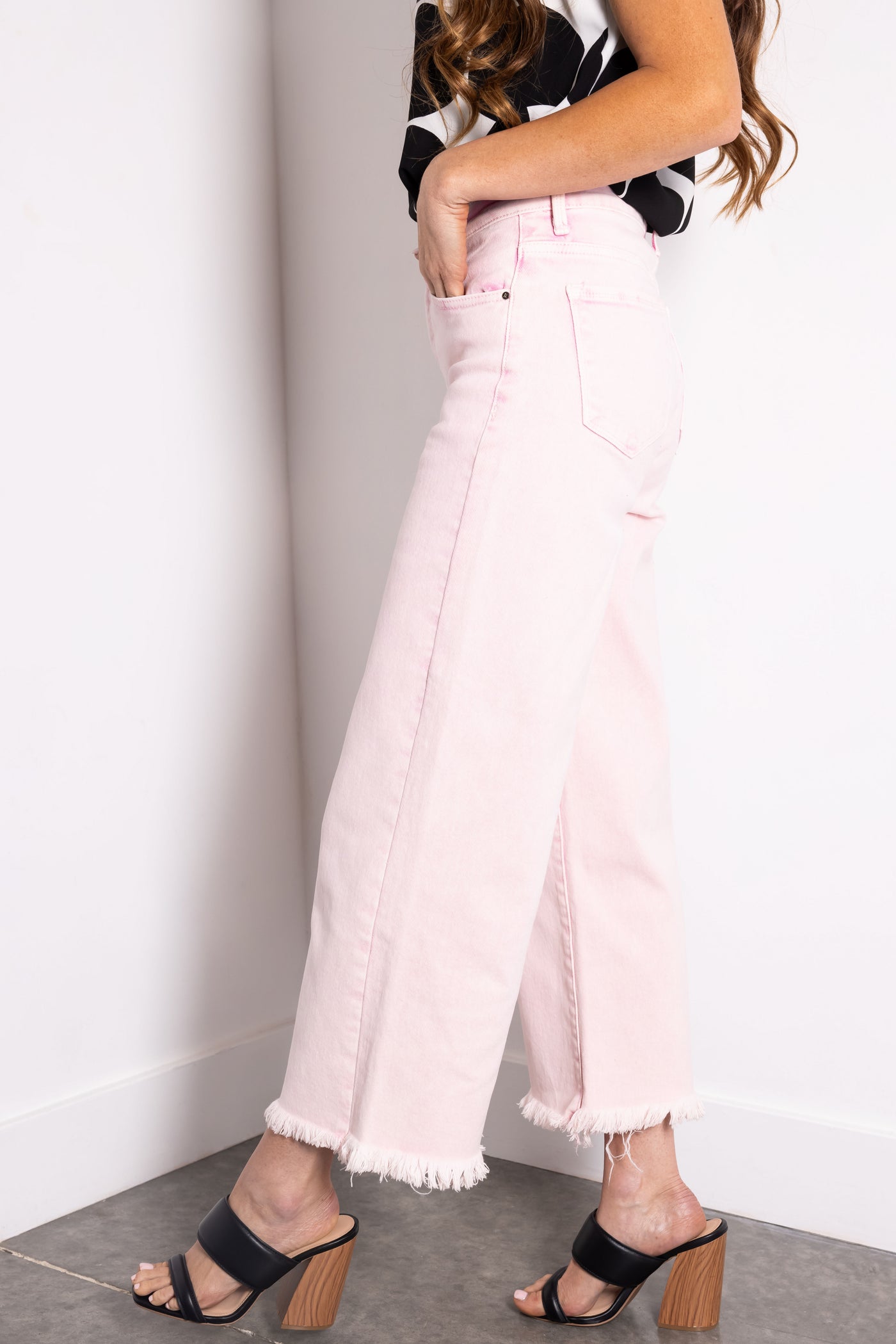 Risen Light Pink Tummy Control Cropped Wide Jeans
