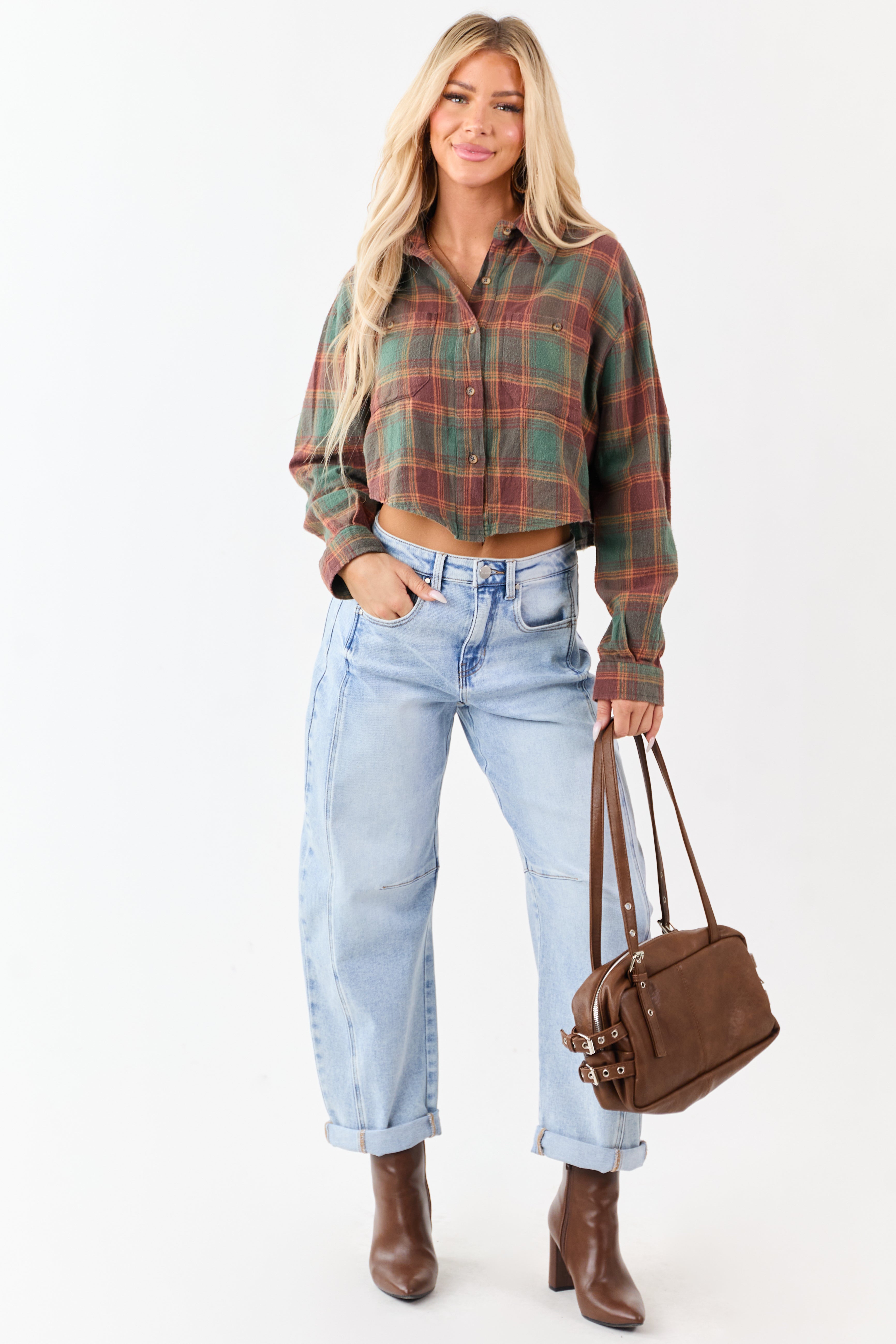 Risen Light Wash Cuffed Stretchy Barrel Jeans | Lime Lush Boutique