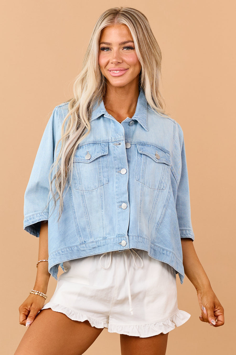 Risen Light Wash Denim Button Down Poncho Jacket