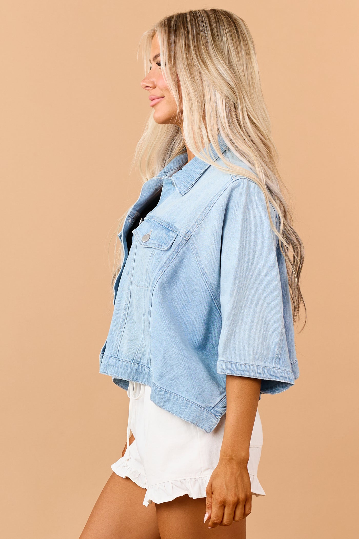 Risen Light Wash Denim Button Down Poncho Jacket