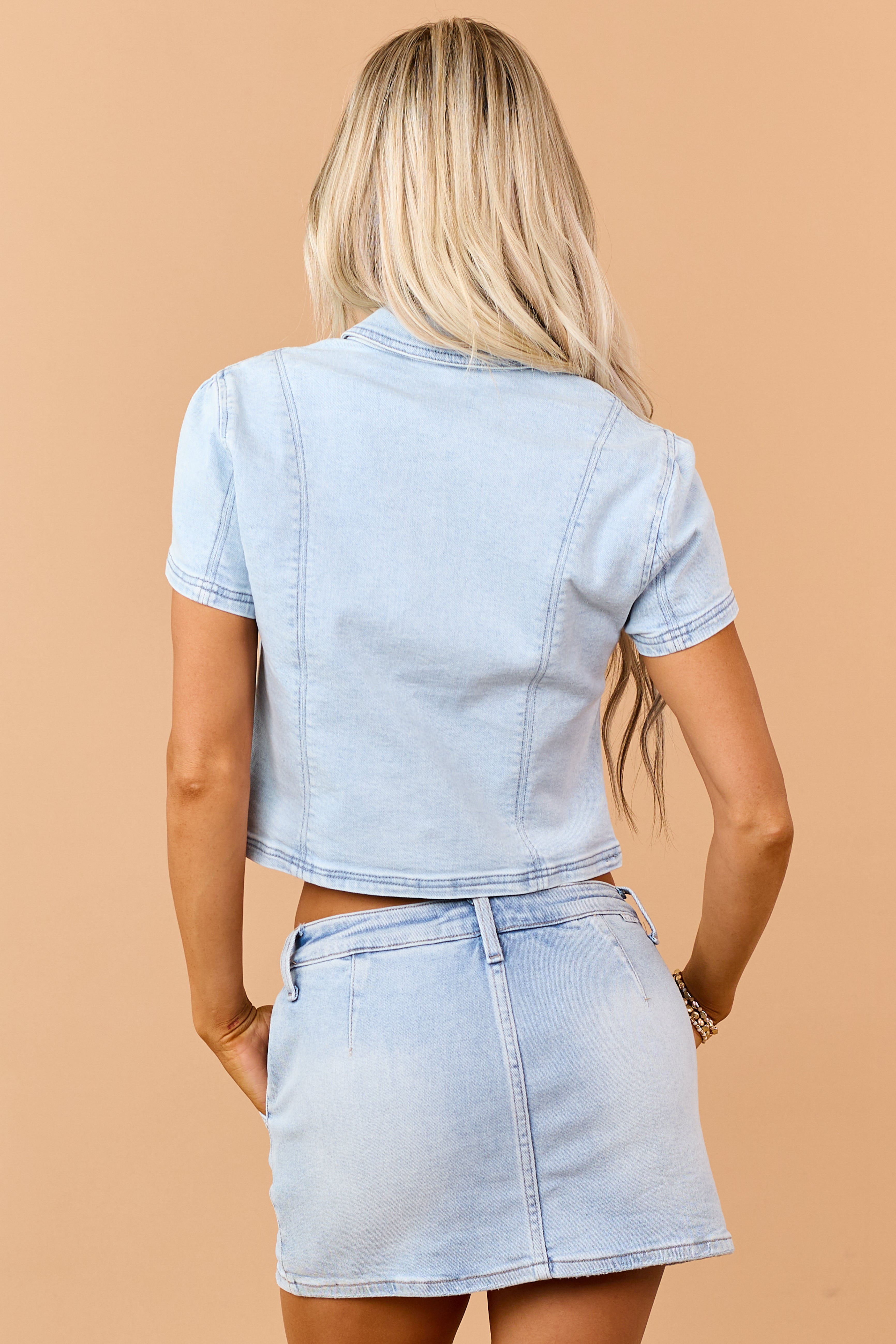 Risen Light Wash Denim Button Down Short Sleeve Top