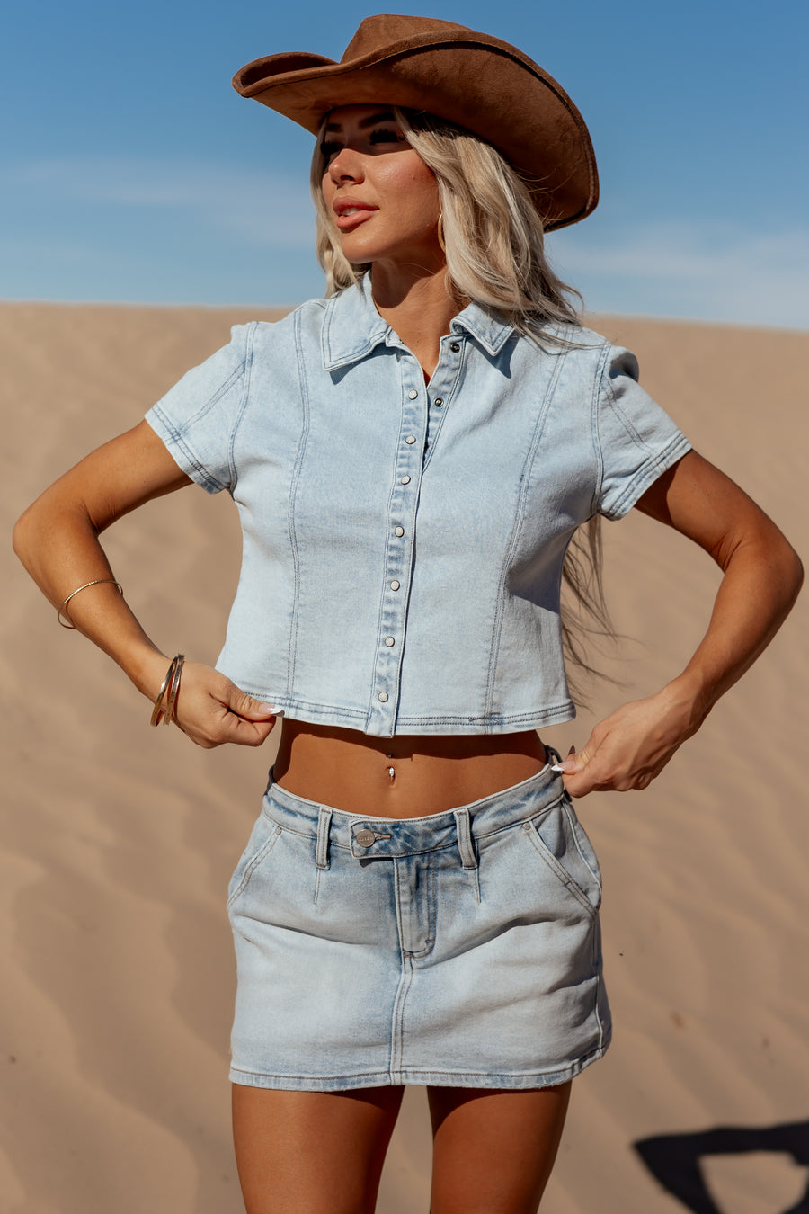 Risen Light Wash Denim Button Down Short Sleeve Top