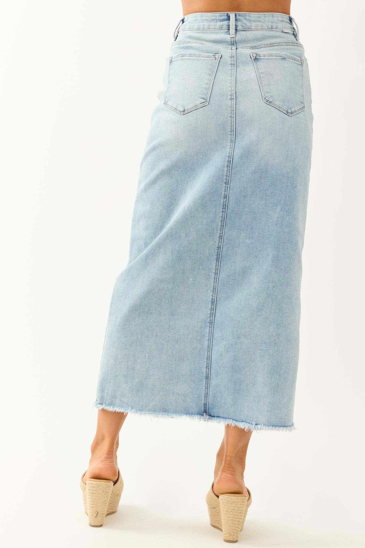 Risen Light Wash Denim Front Slit Maxi Skirt