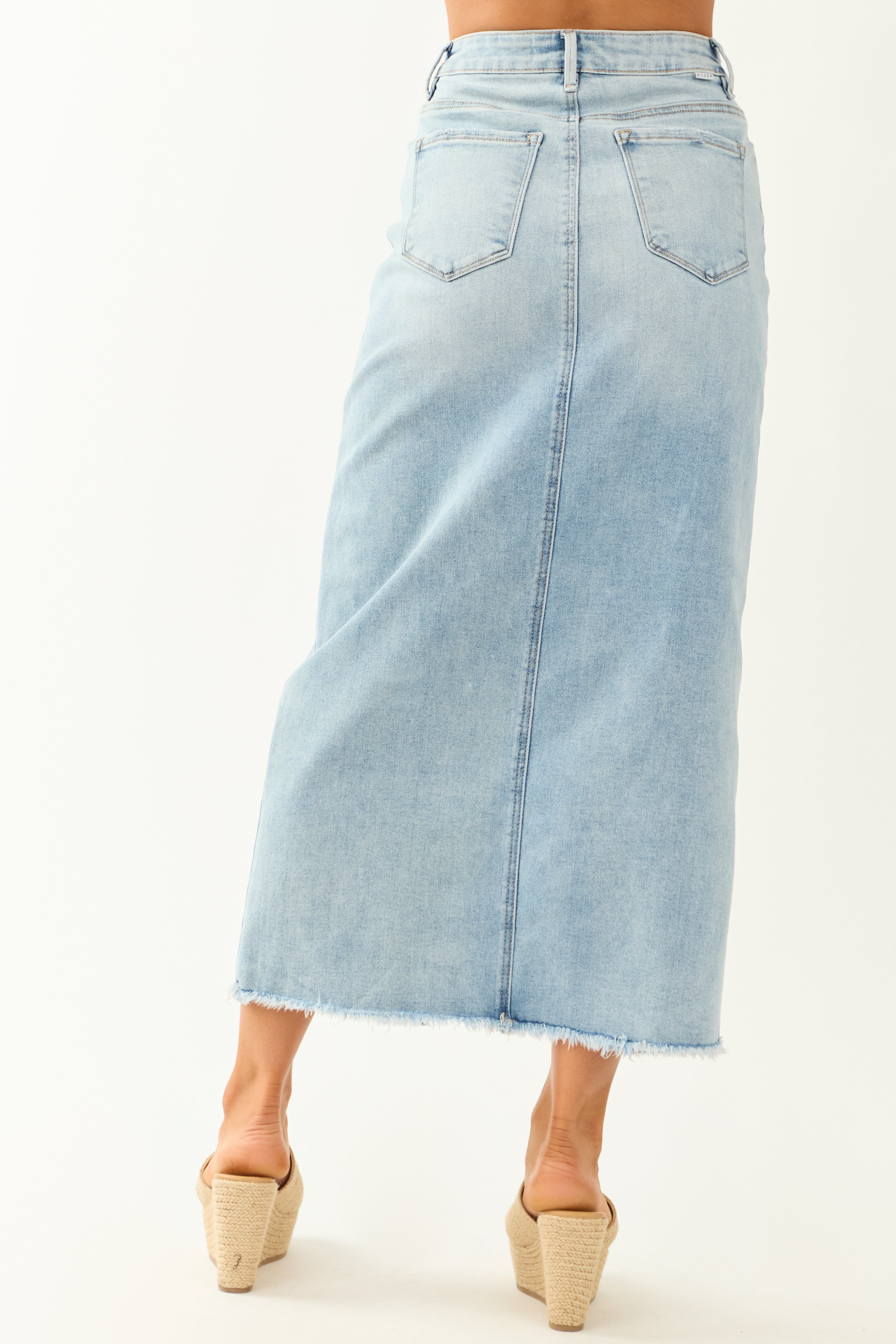 Risen Light Wash Denim Front Slit Maxi Skirt