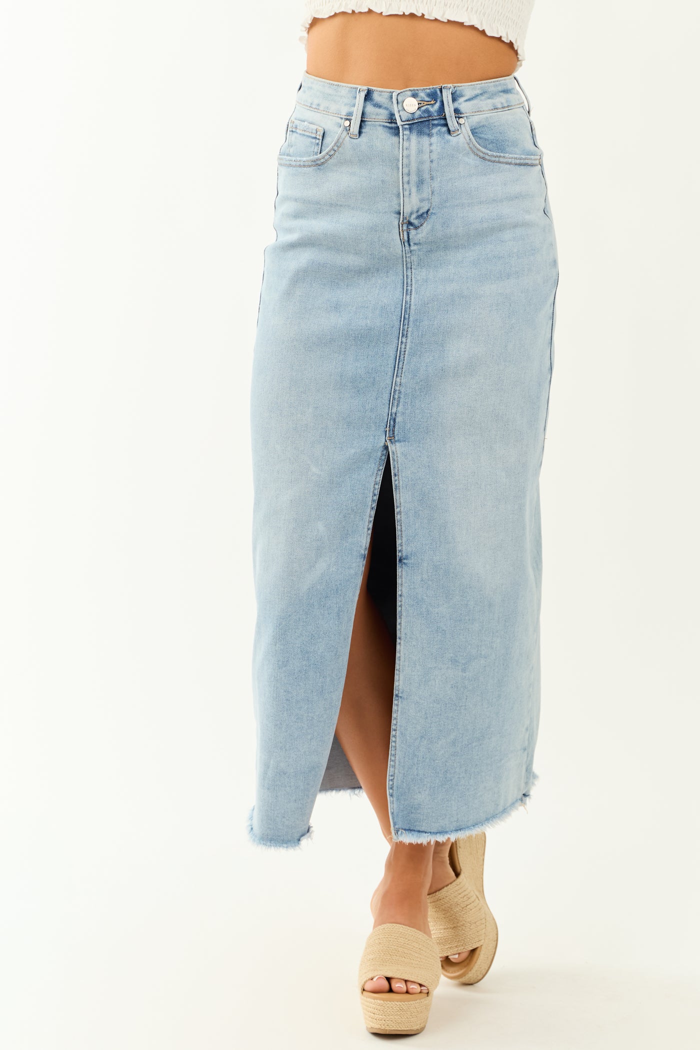 Risen Light Wash Denim Front Slit Maxi Skirt