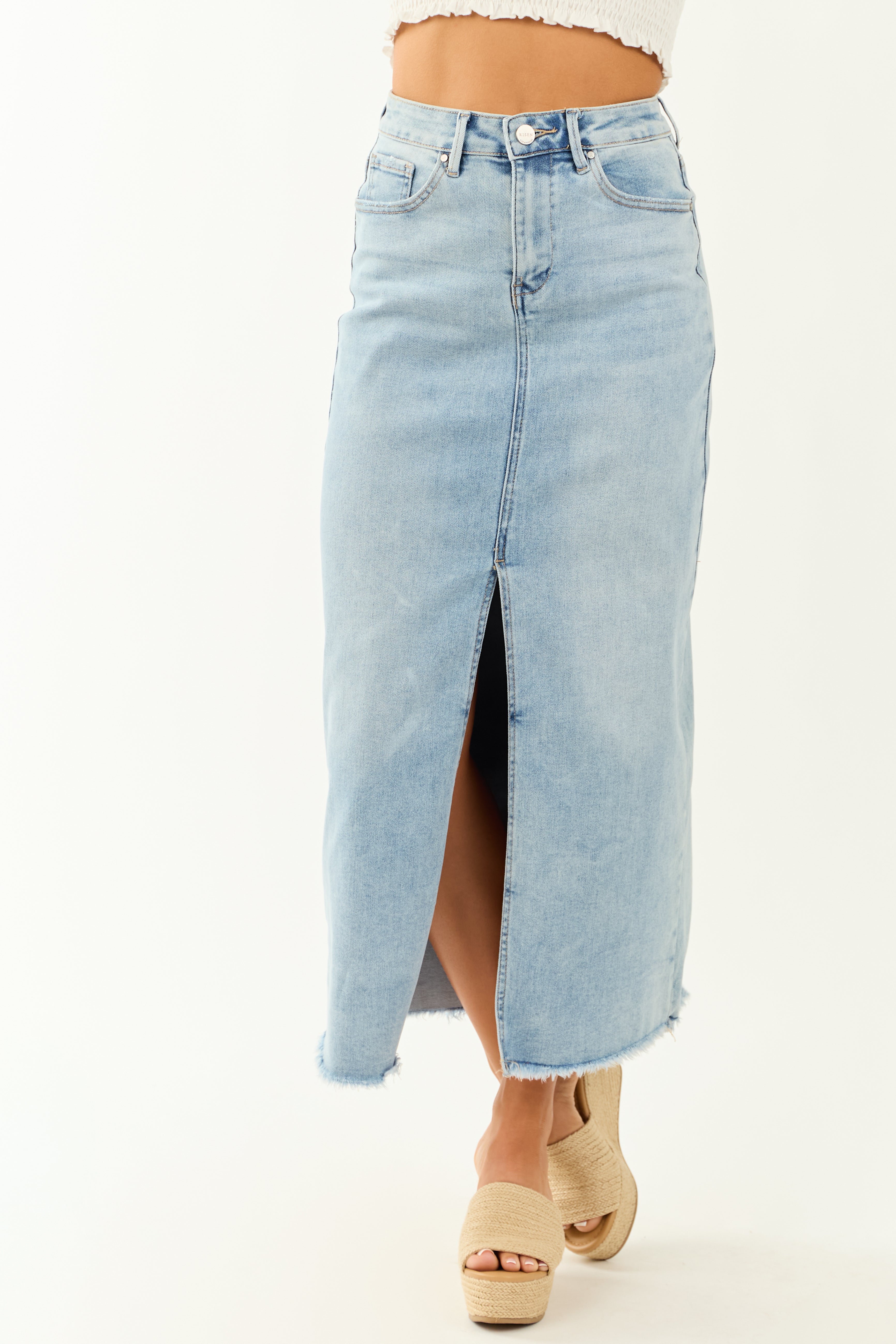 Risen Light Wash Denim Front Slit Maxi Skirt