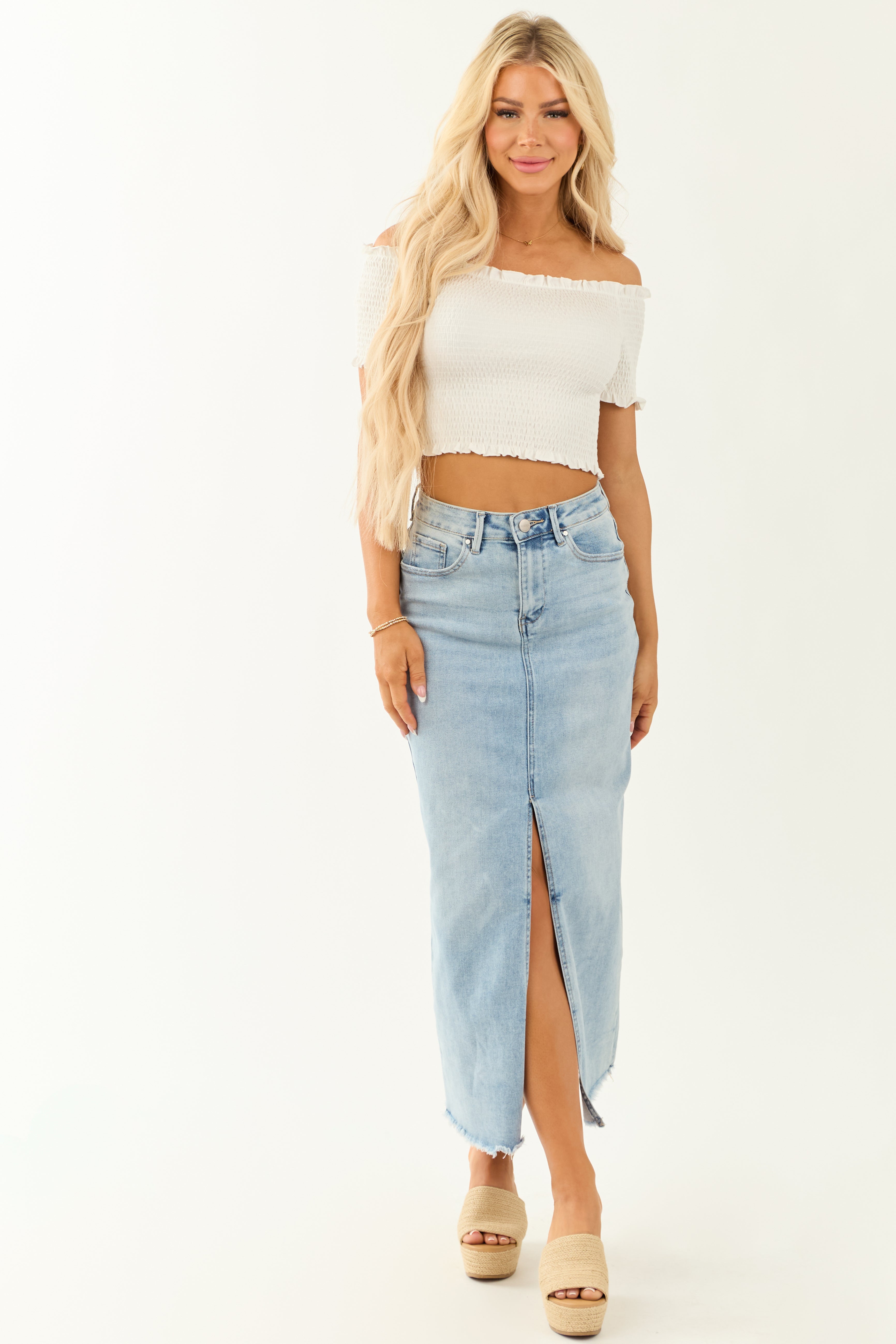 Risen Light Wash Denim Front Slit Maxi Skirt