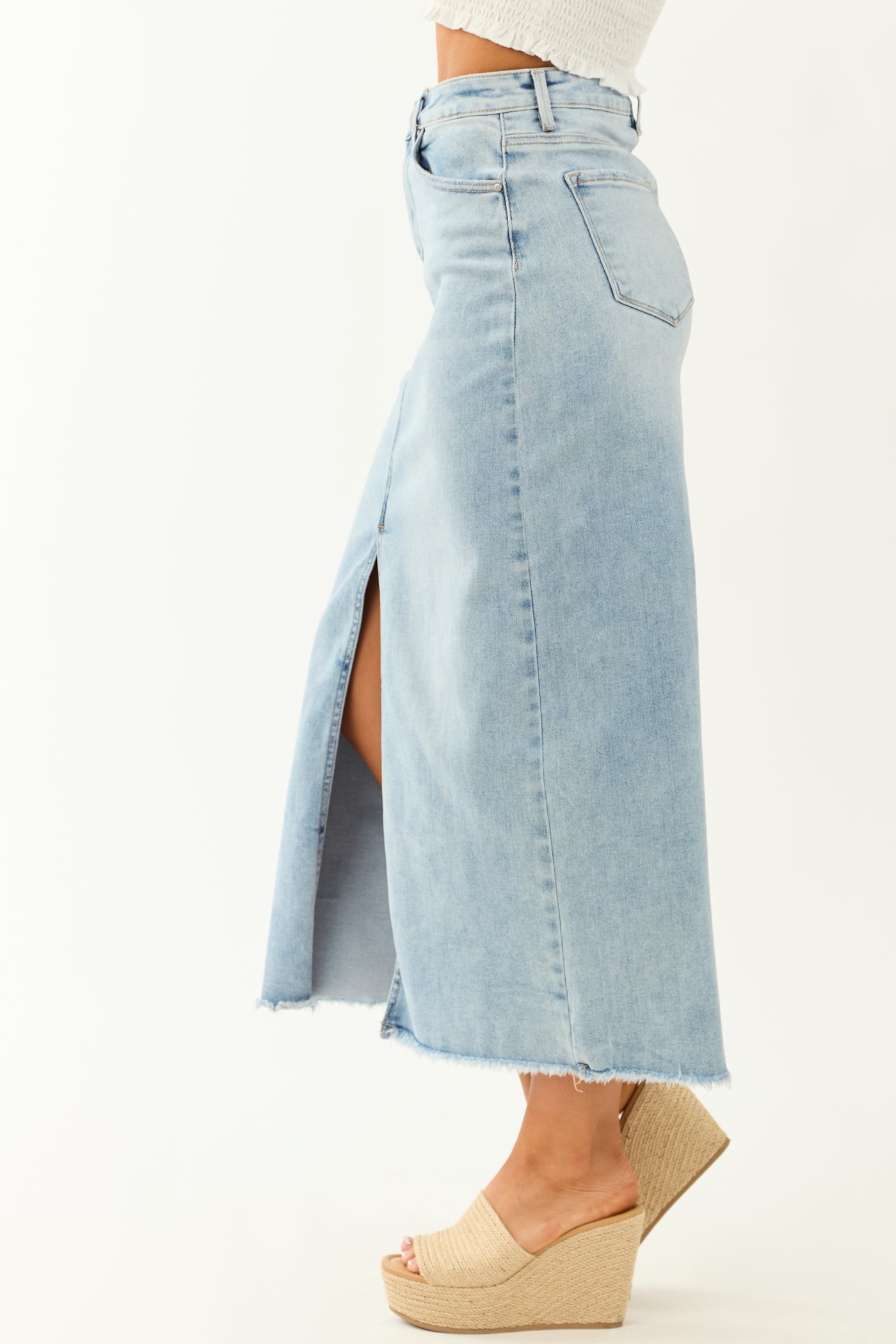 Risen Light Wash Denim Front Slit Maxi Skirt