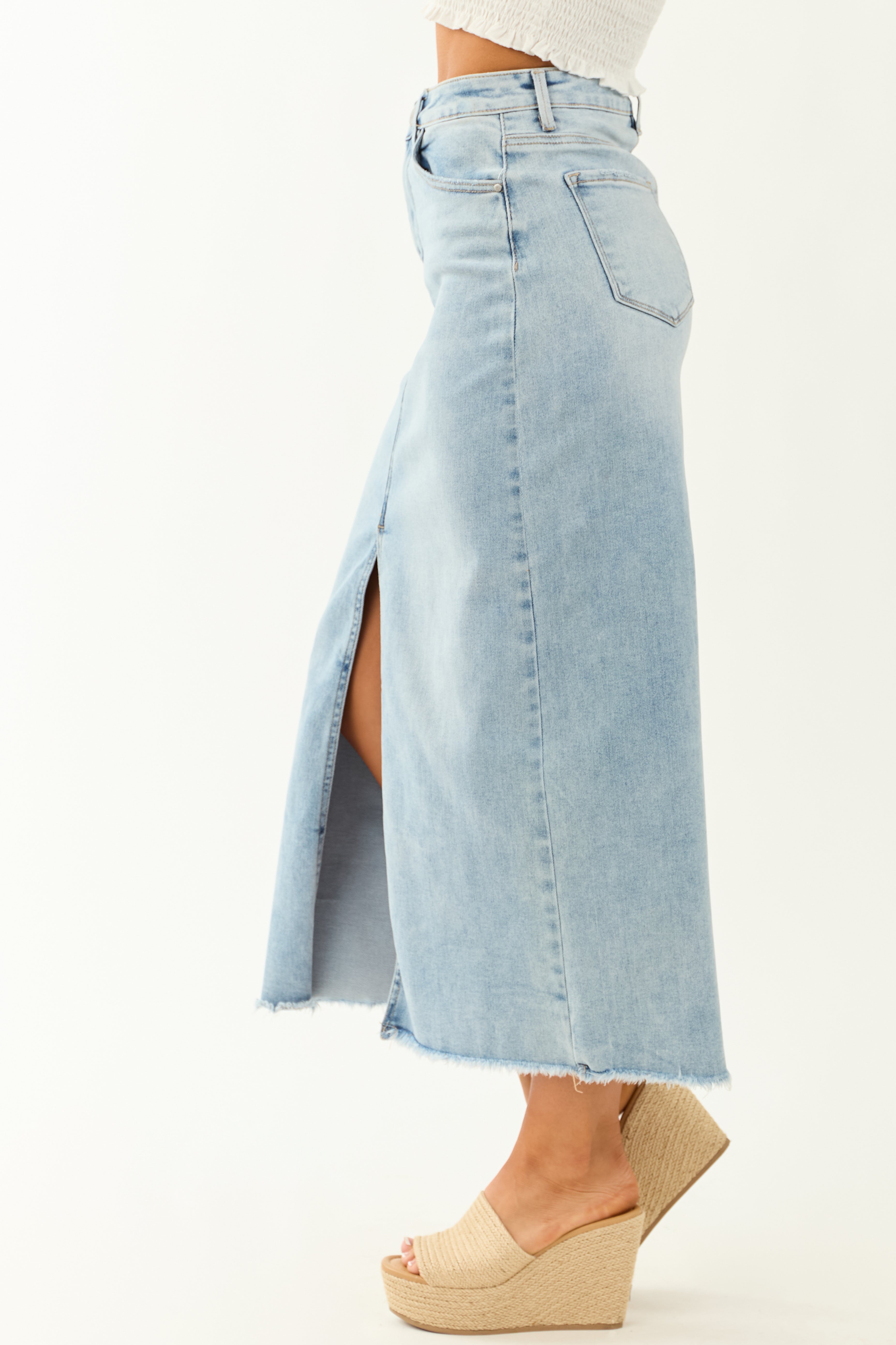 Risen Light Wash Denim Front Slit Maxi Skirt