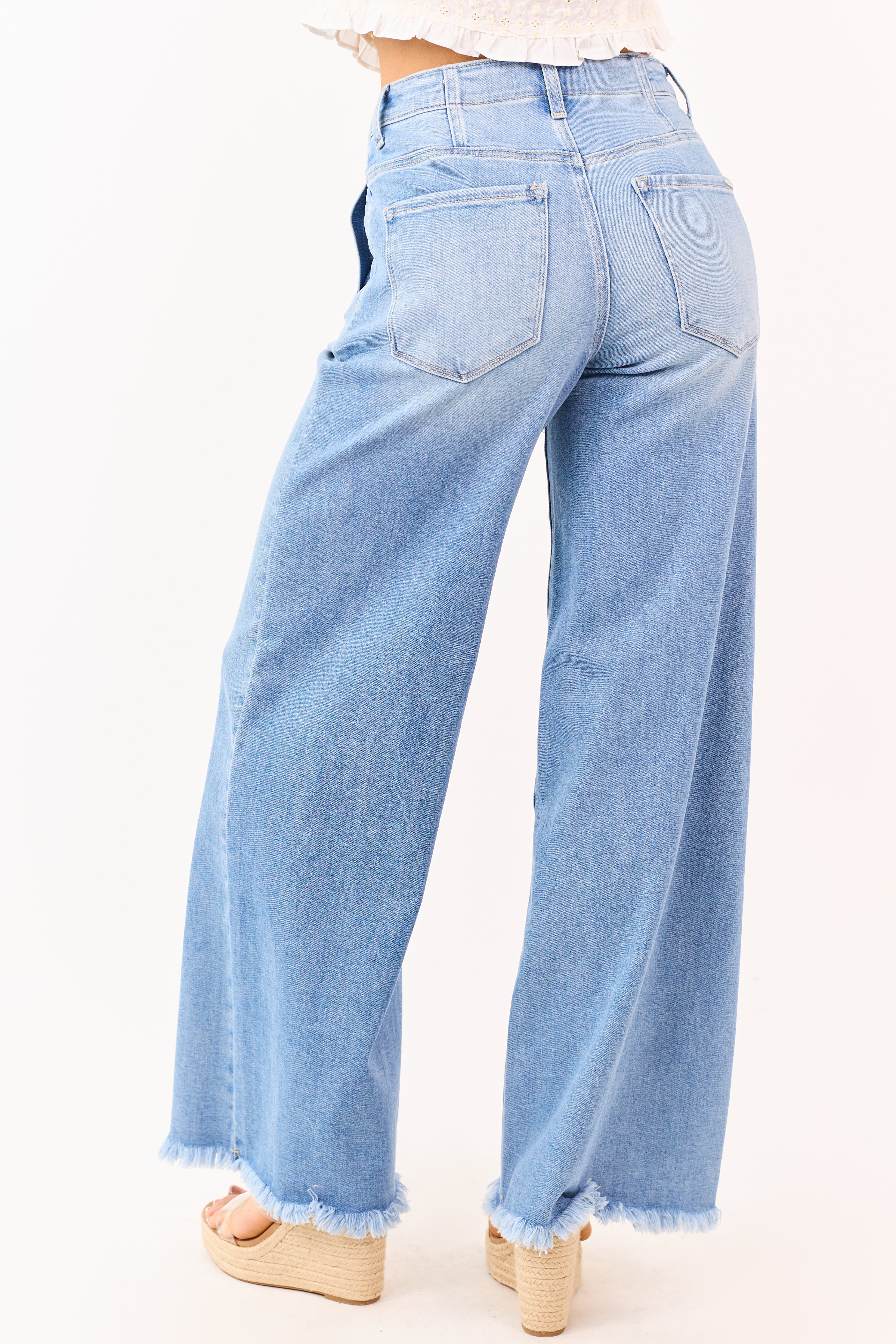 Risen Light Wash High Rise Wide Leg Drawstring Jeans | Lime Lush
