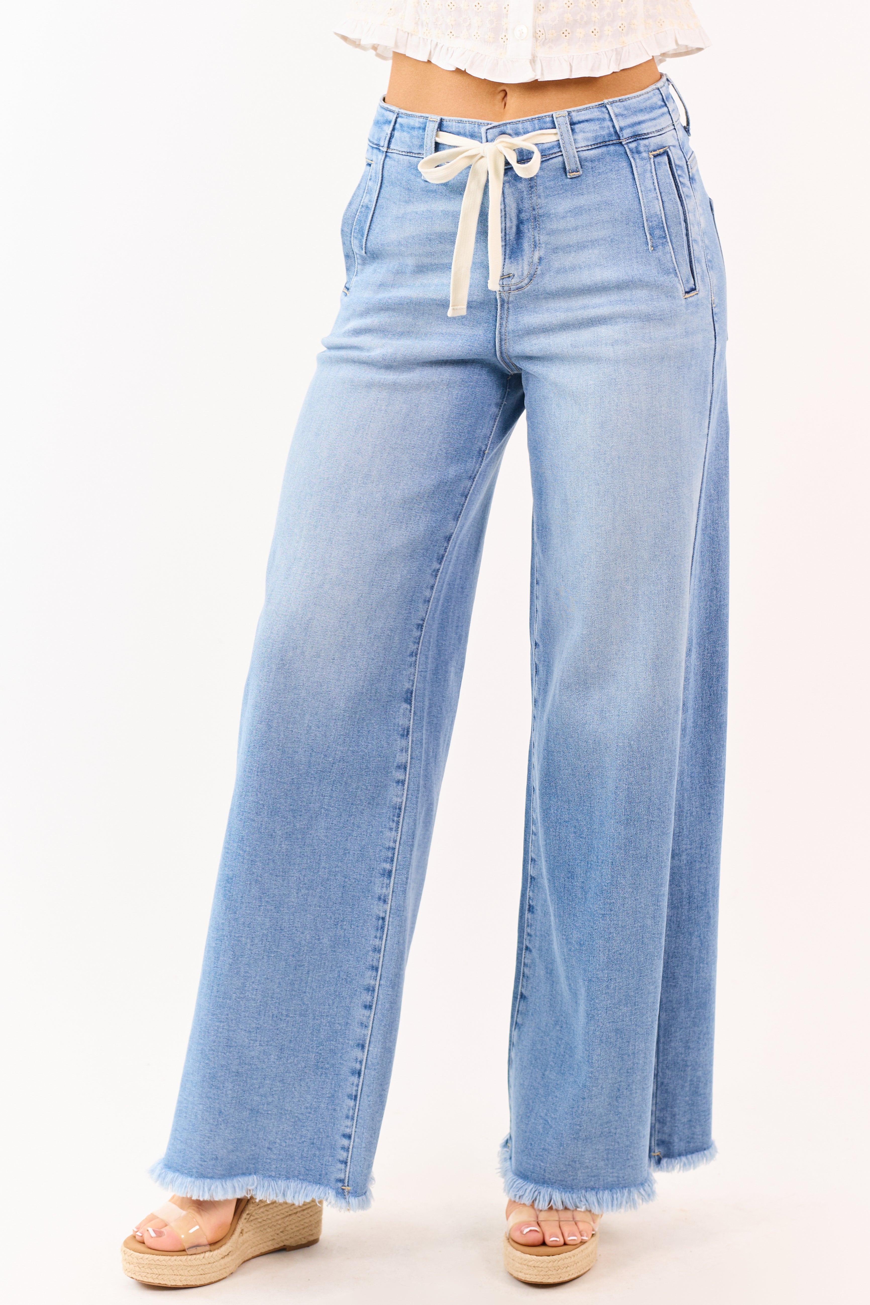Risen Light Wash High Rise Wide Leg Drawstring Jeans | Lime Lush