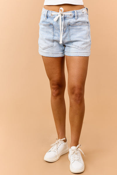 Risen Light Wash Paisley Print Drawstring Jean Shorts