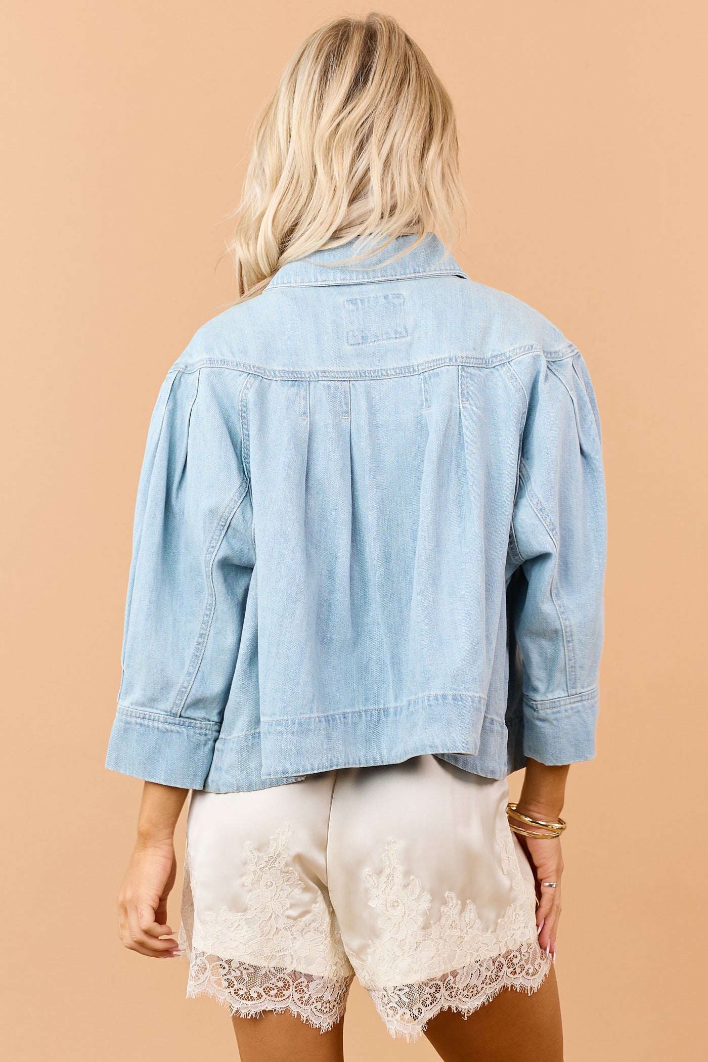 Risen Light Wash Pleated Denim Button Down Jacket