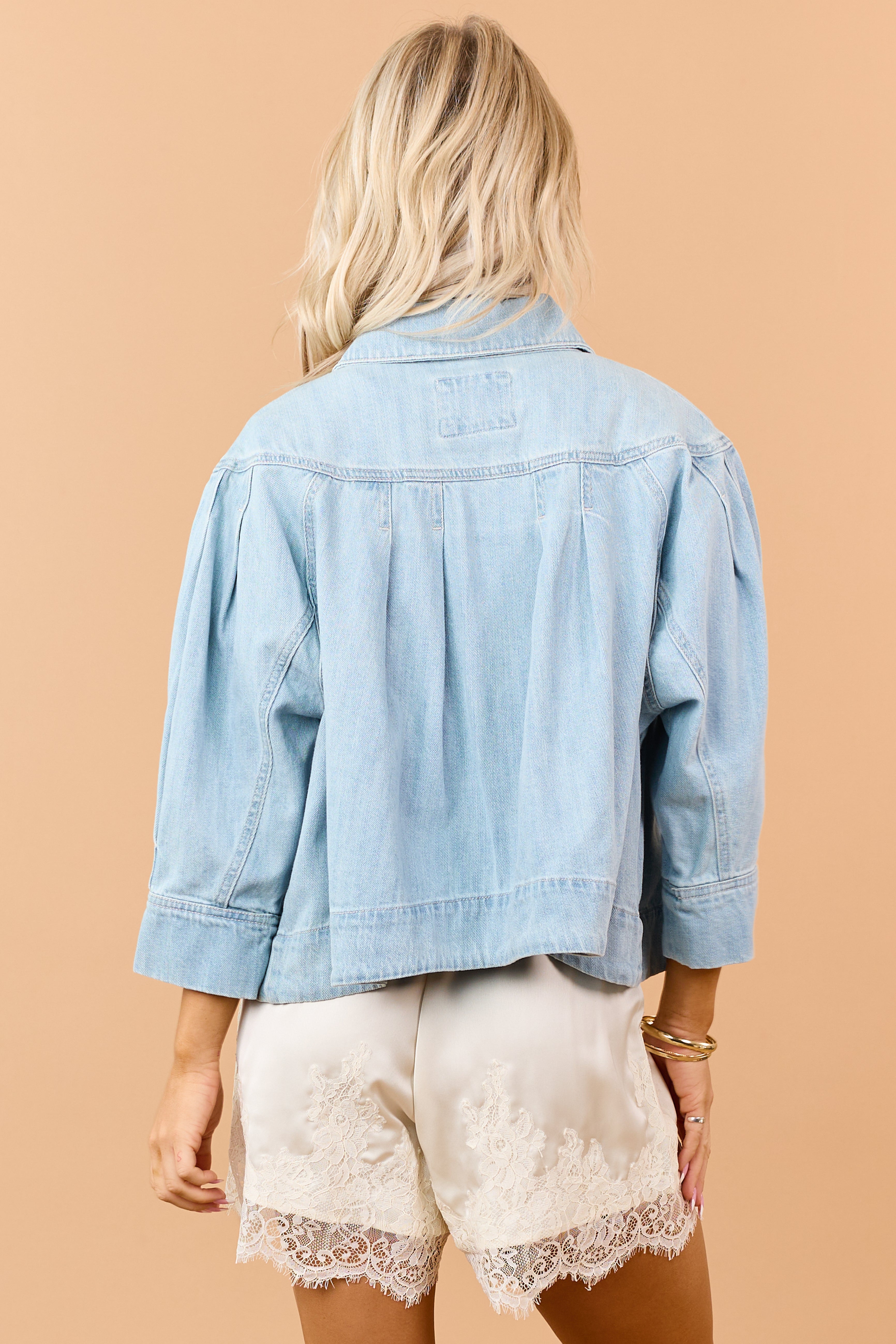 Risen Light Wash Pleated Denim Button Down Jacket